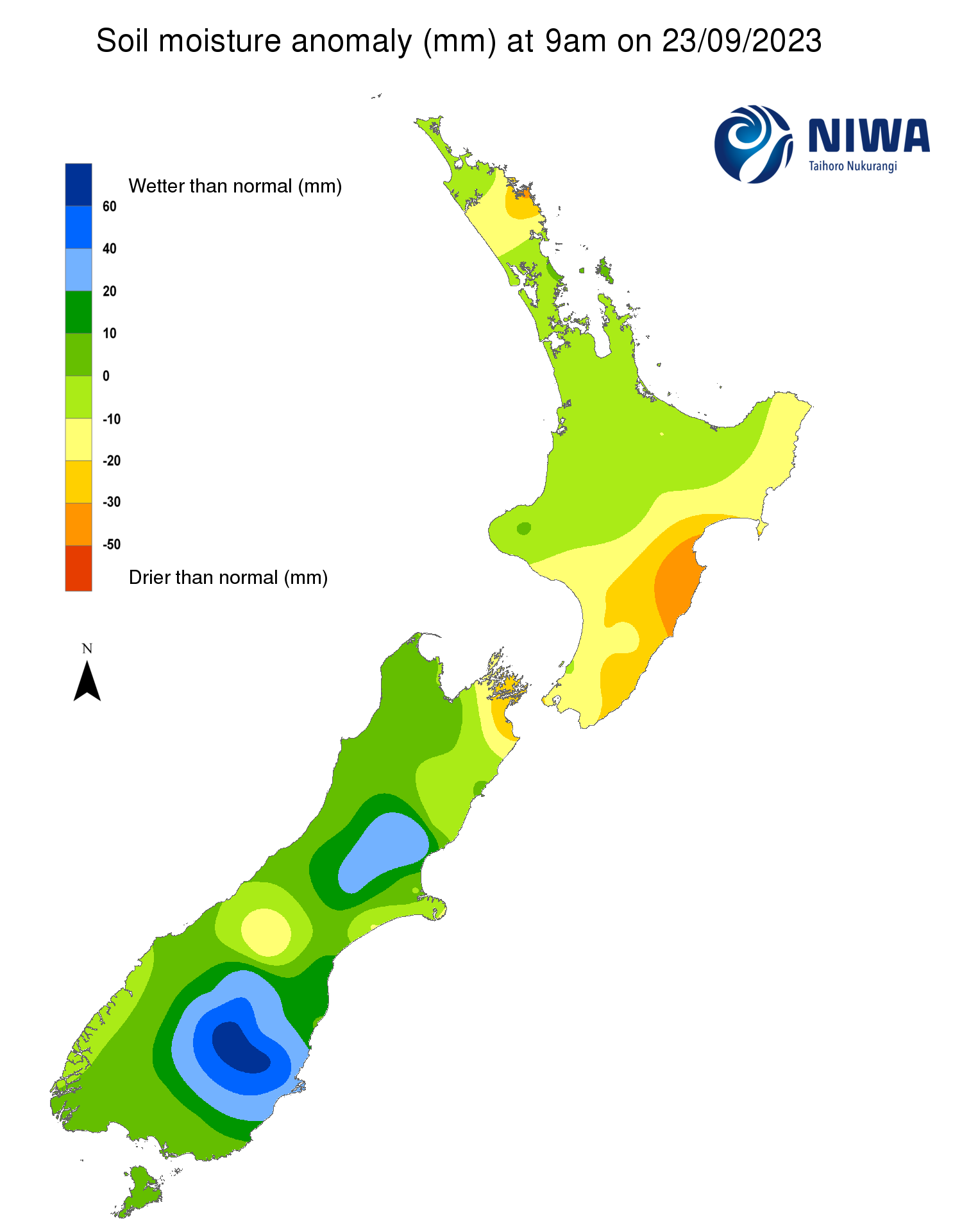 Swathes of New Zealand's East Coast have been drying out fast amid constant westerly winds. Image / Niwa