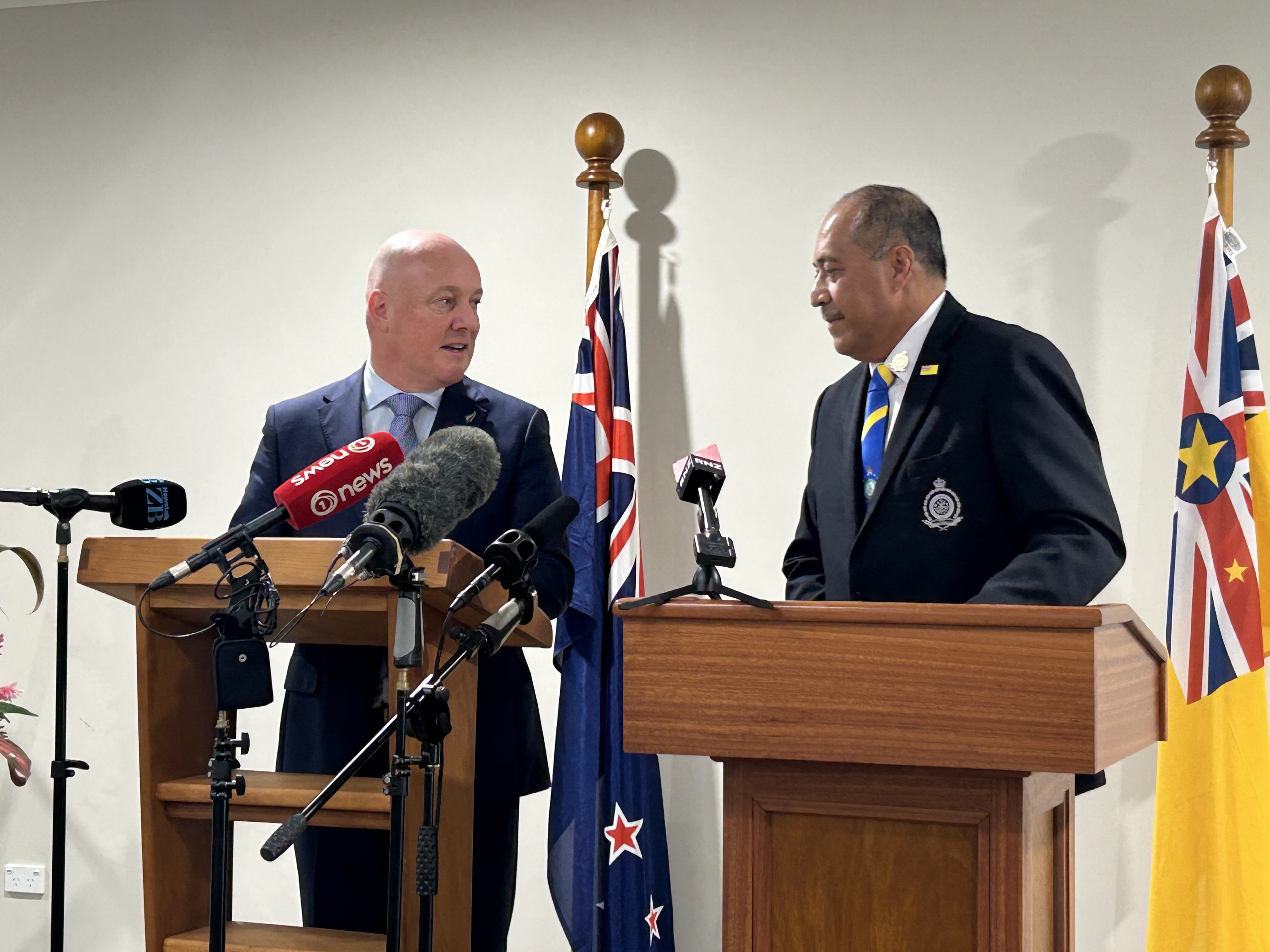 Prime Minister Christopher Luxon and Niue Premier Dalton Tagelagi after their official meeting. Photo / Adam Pearse