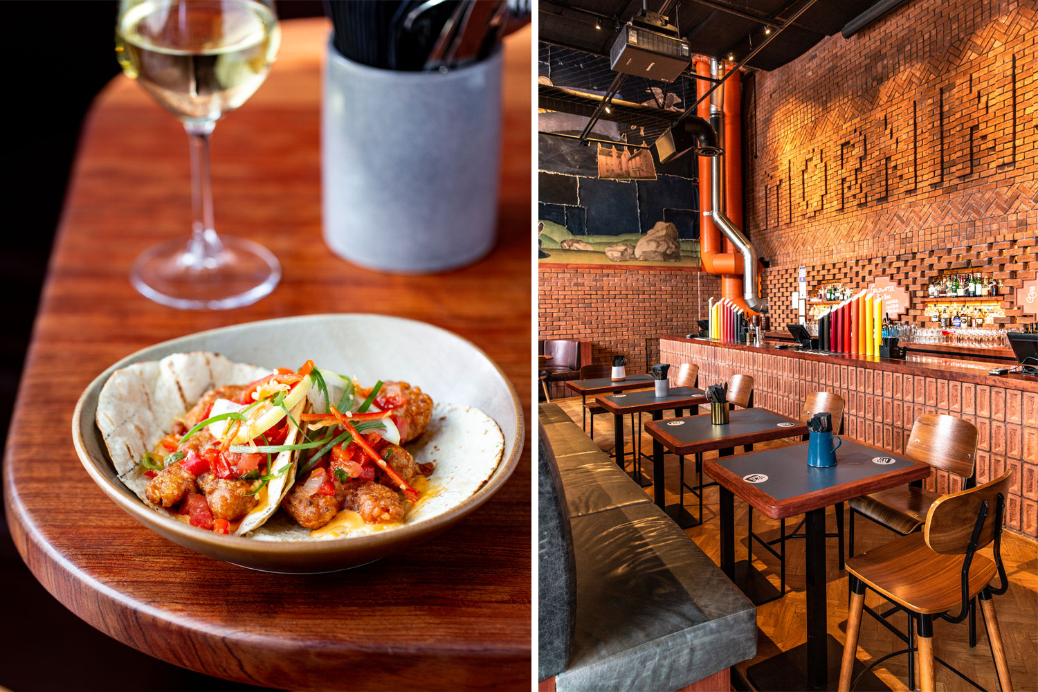 (From left) Prawn tacos; the bar area. Photos / Babiche Martens