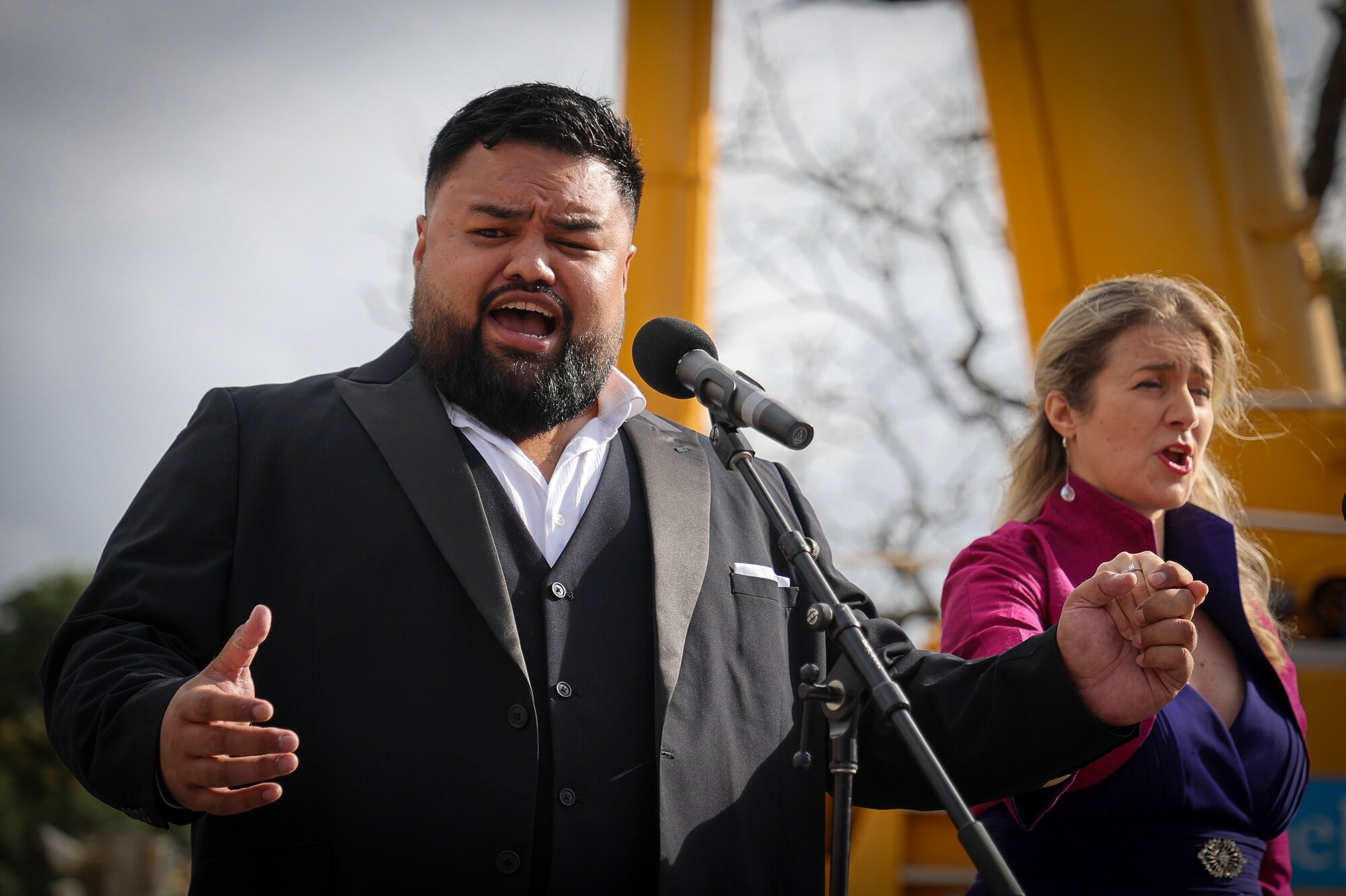 Ridge Ponini and Lilia Carpinelli singing at the breakthrough ceremony for the Central Interceptor. Photo / Michael Craig

