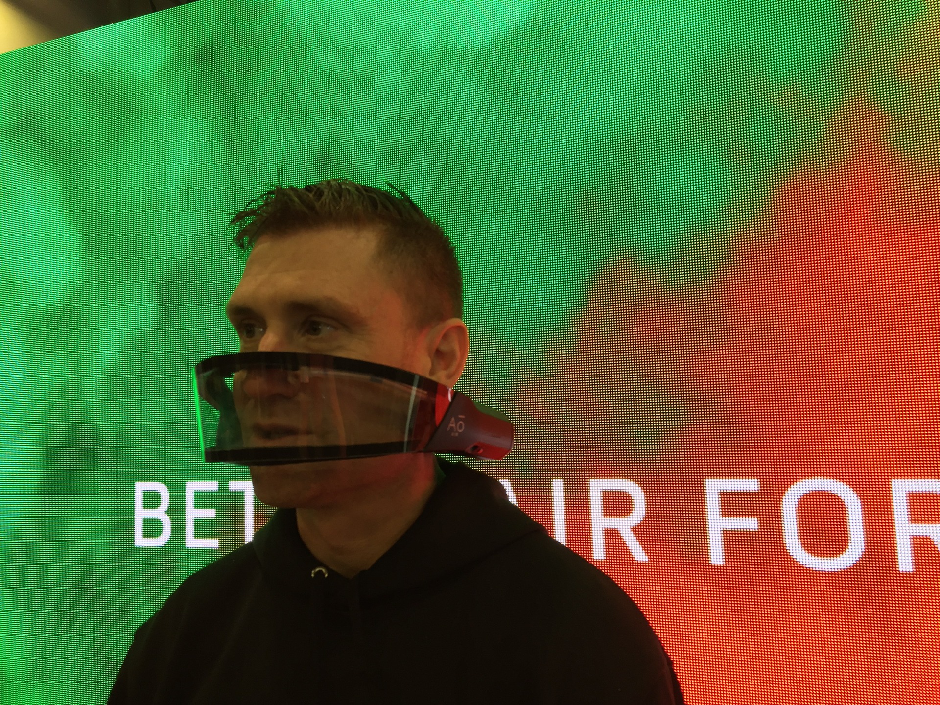 Ao Air founder Dan Bowden with his company's Atmos mask, which features built-in mechanical air filters. Americans will get first crack at his company's US$350 product.
