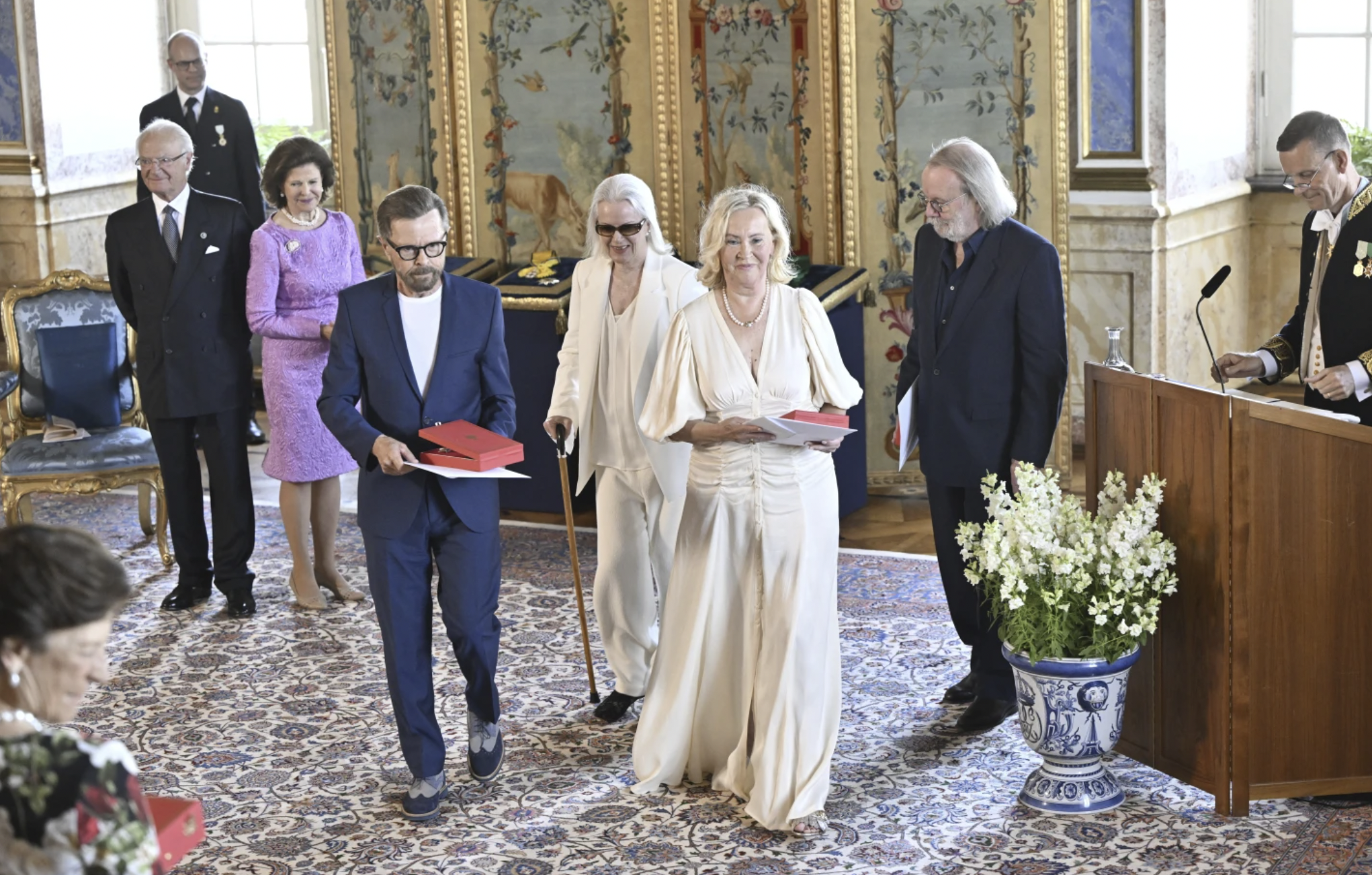Bjorn Ulvaeus, Anni-Frid Lyngstad, Agnetha Faltskog and Benny Andersson receiving their high royal honour in Sweden on Friday. Photo / AP