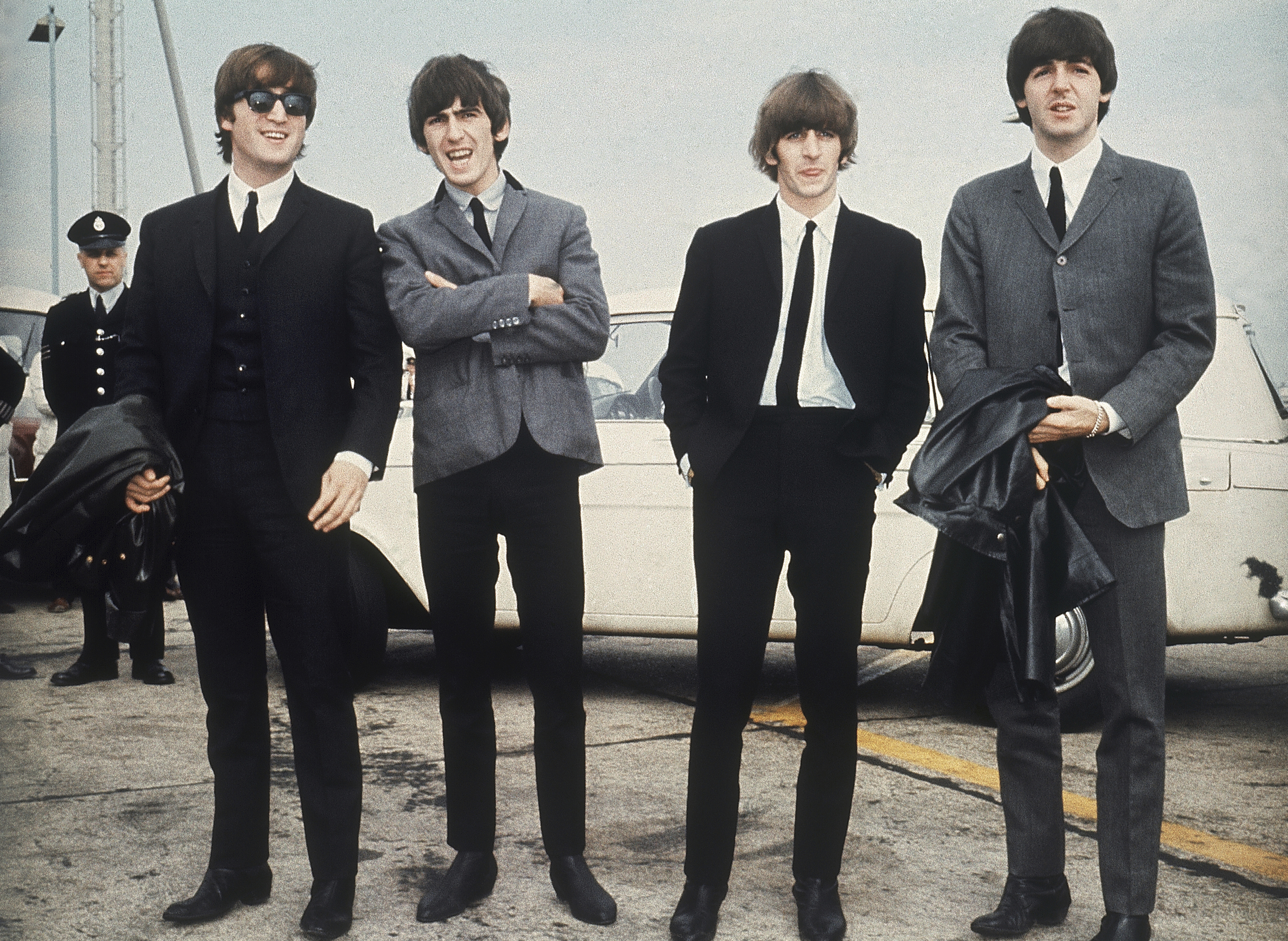 The Beatles, from left, John Lennon, George Harrison, Ringo Starr and Paul McCartney arrive in Liverpool, England on July 10, 1964, for the premiere of their movie A Hard Day's Night. Photo / AP