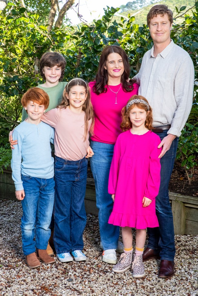 Nicola and Duncan with their brood (from left) Reuben, James, Harriet and Gloria. Photo / Nicola Edmonds