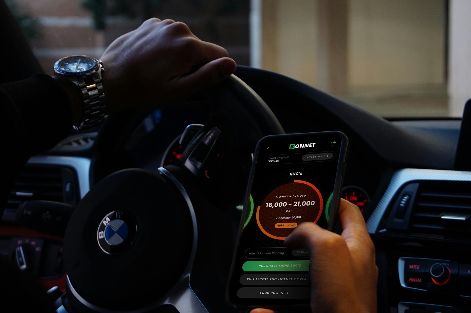 The Bonnet app can be used to track your mileage, WOF and rego, and should have e-RUC certification within a month or so, allowing you to automatically top up your pre-paid road user charges.