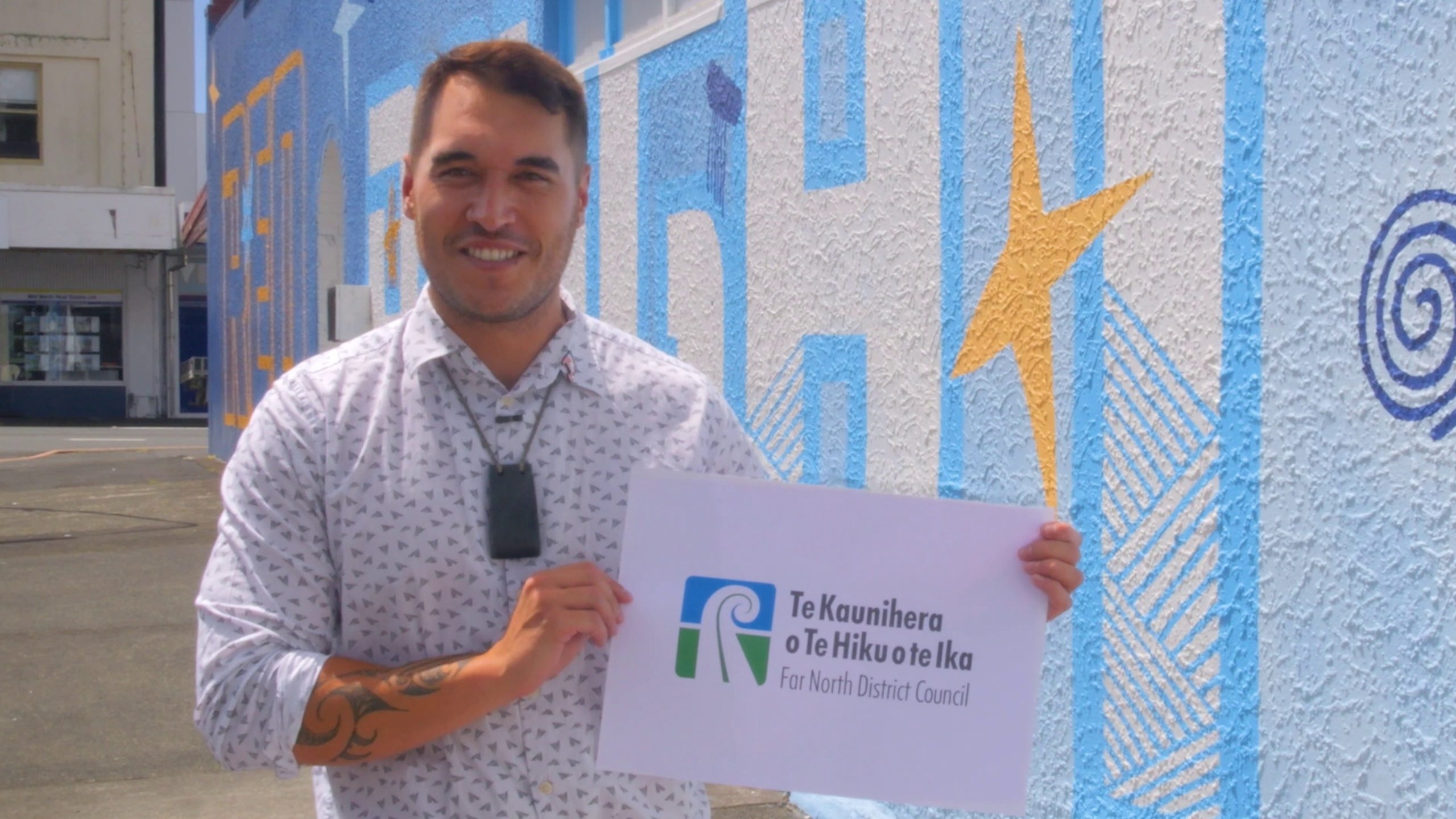 Far North Kahikā (Mayor) Moko Tepania with the council’s new Māori name and logo ahead of Waitangi Day.
