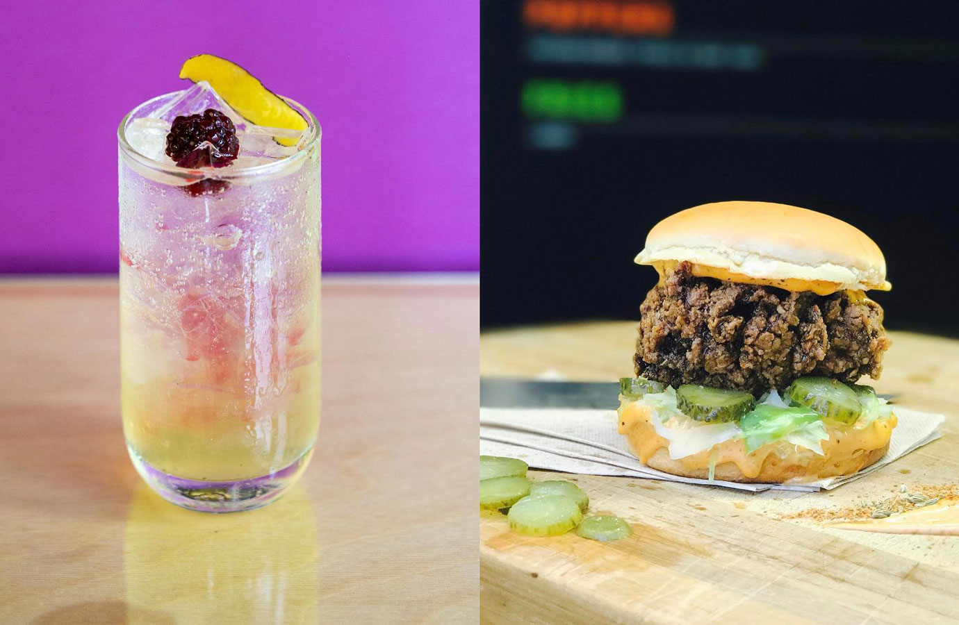 A cocktail from Forrester's Lane and burger from Lucky. Pictures / Supplied