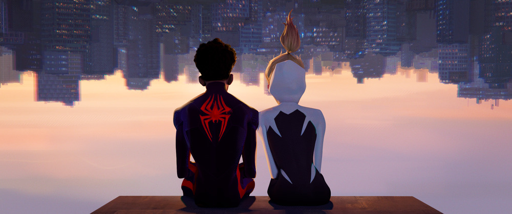 Spider-Man and Spider-Gwen share a moment in Spider-Man: Across the Spider-Verse. Photo / Sony Pictures