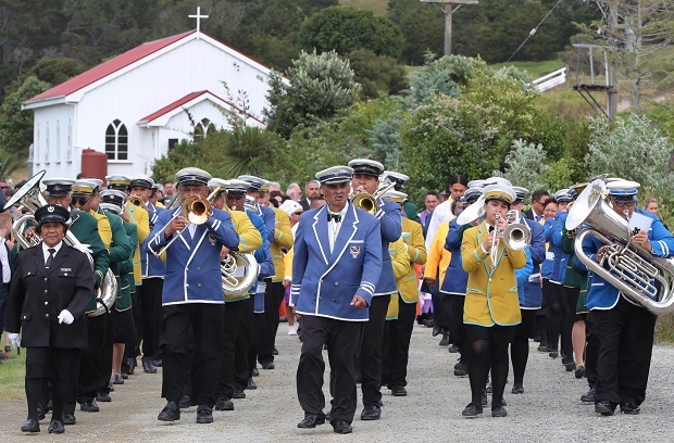 Omeka Reo Ratana band march away from the church service at Otamatea Marae, Maungaturoto. Photo / Supplied