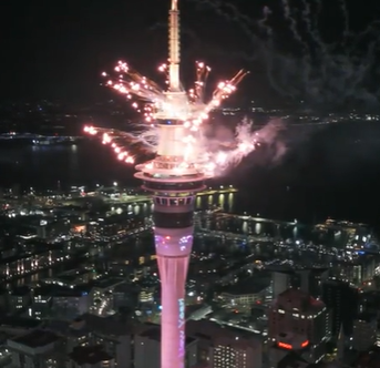 Footage shows drone flying close to Auckland's Sky Tower during New Years Eve fireworks display, 2024/25. Photo / Supplied