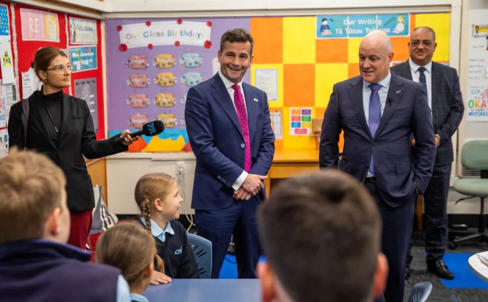 David Seymour and Christopher Luxon at the announcement of the Government's plan to tackle school attendance Photo / Angus Dreaver, RNZ