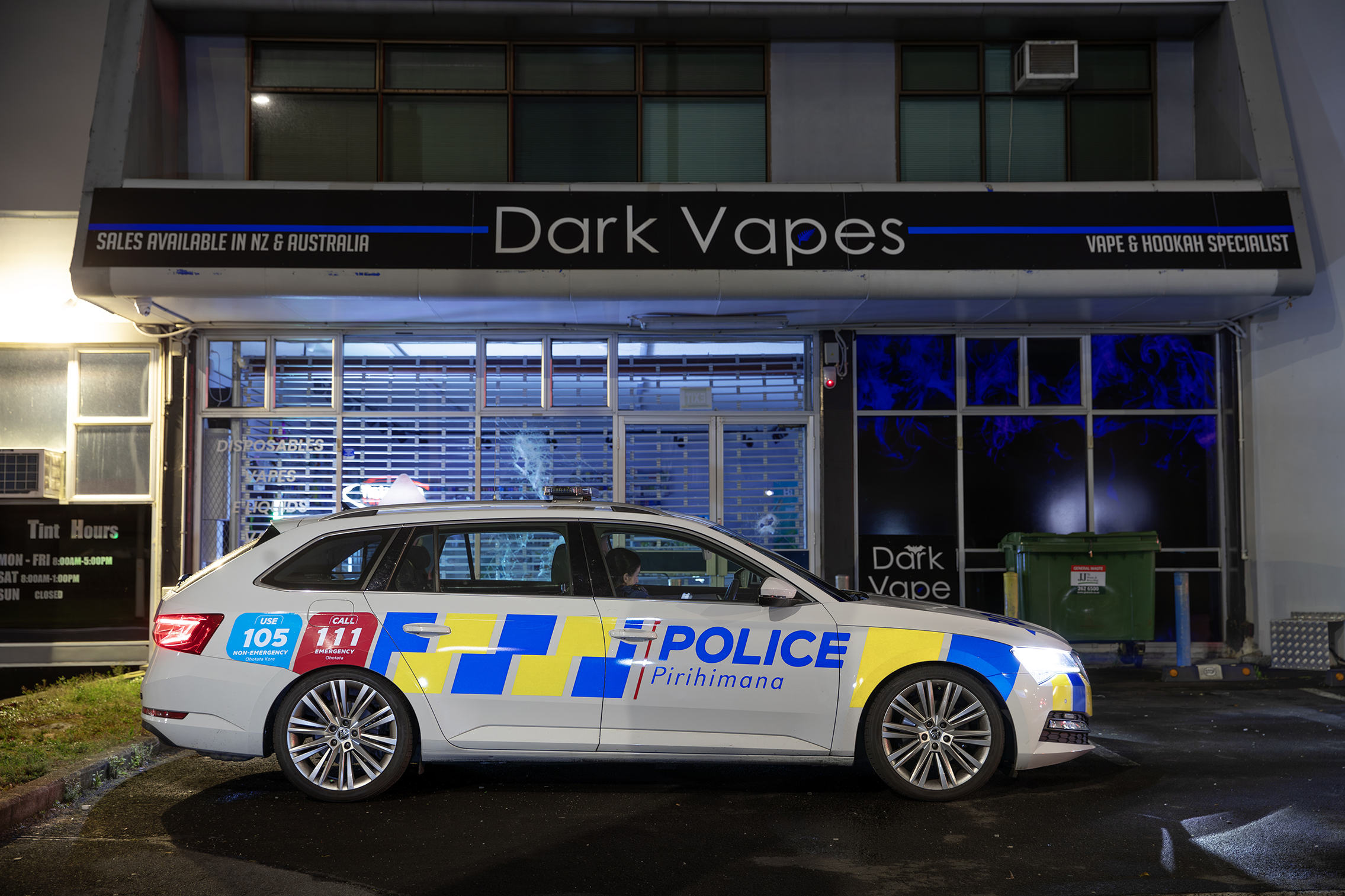 Thieves shortly after broke into Dark Vapes East Tamaki. Photo / Hayden Woodward
