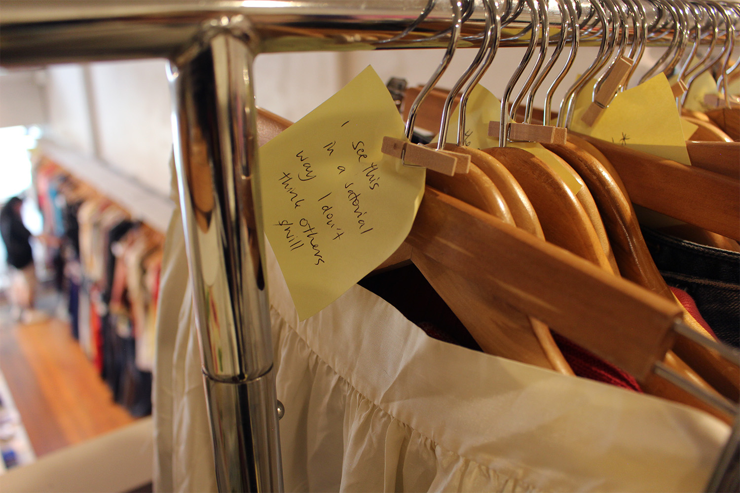 Rose's note for a category of secondhand clothing reads 