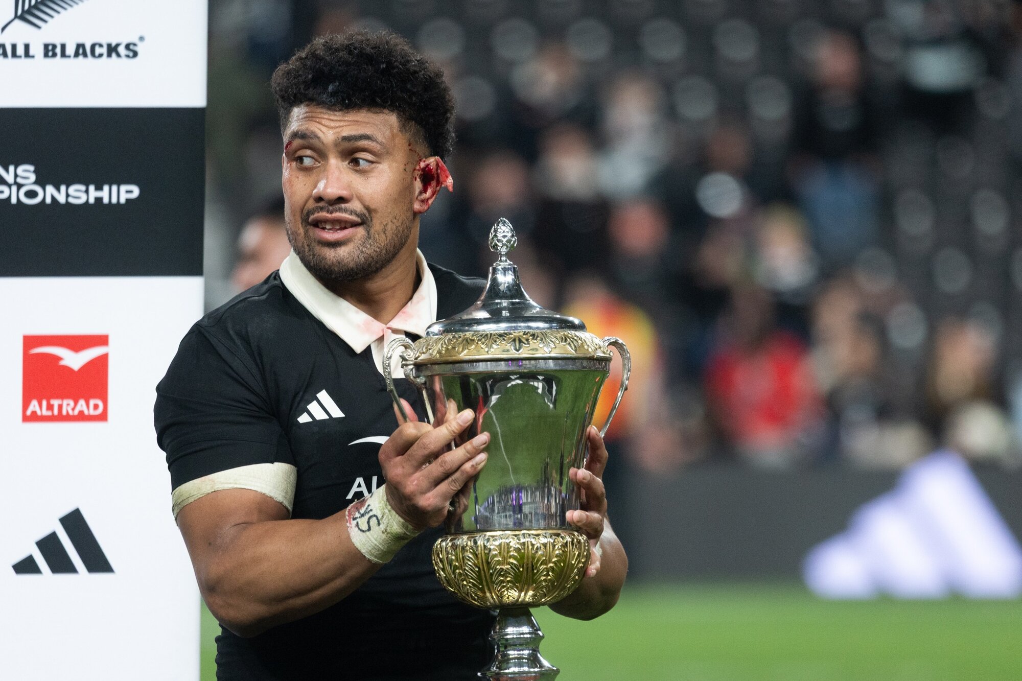 Captain Ardie Savea after the All Blacks win 34-32 against France. Photo / Anna Heath. 