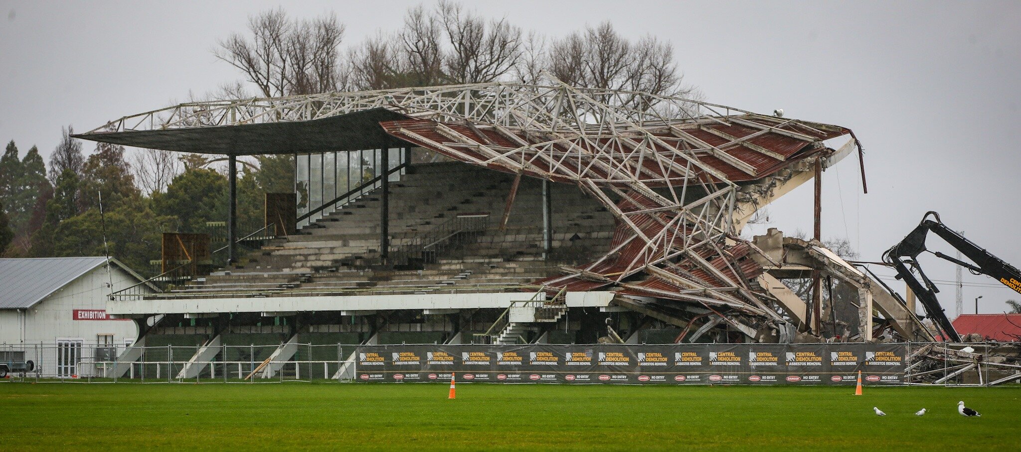 The grandstand at the Hastings Tōmoana Showgrounds during the demolition. Photo / Paul Taylor