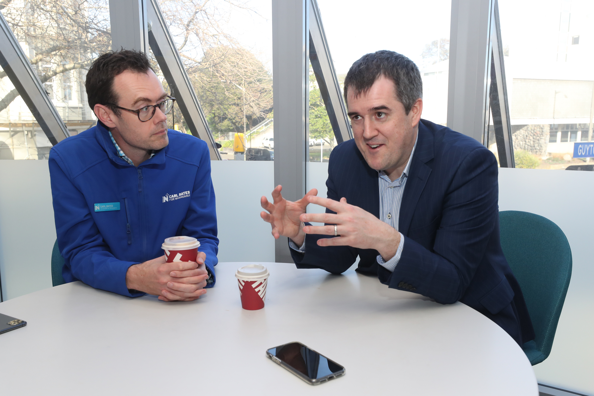Chris Bishop (right) with Whanganui's National candidate Carl Bates. Photo / Bevan Conley