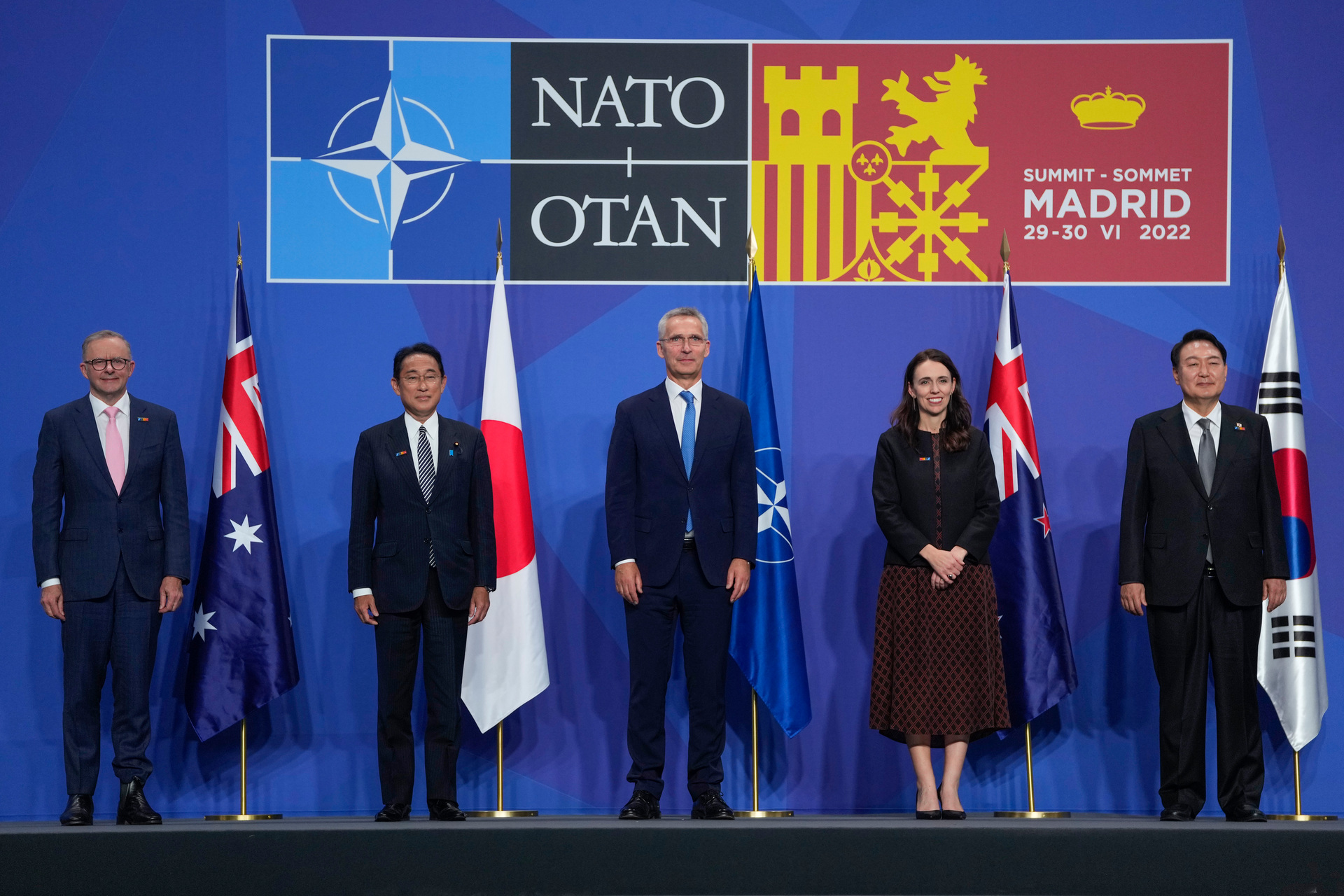 Jacinda Ardern with Asia-Pacific leaders alongside then Nato Secretary General Jens Stoltenberg at the 2022 Nato summit in Madrid. Photo / AP