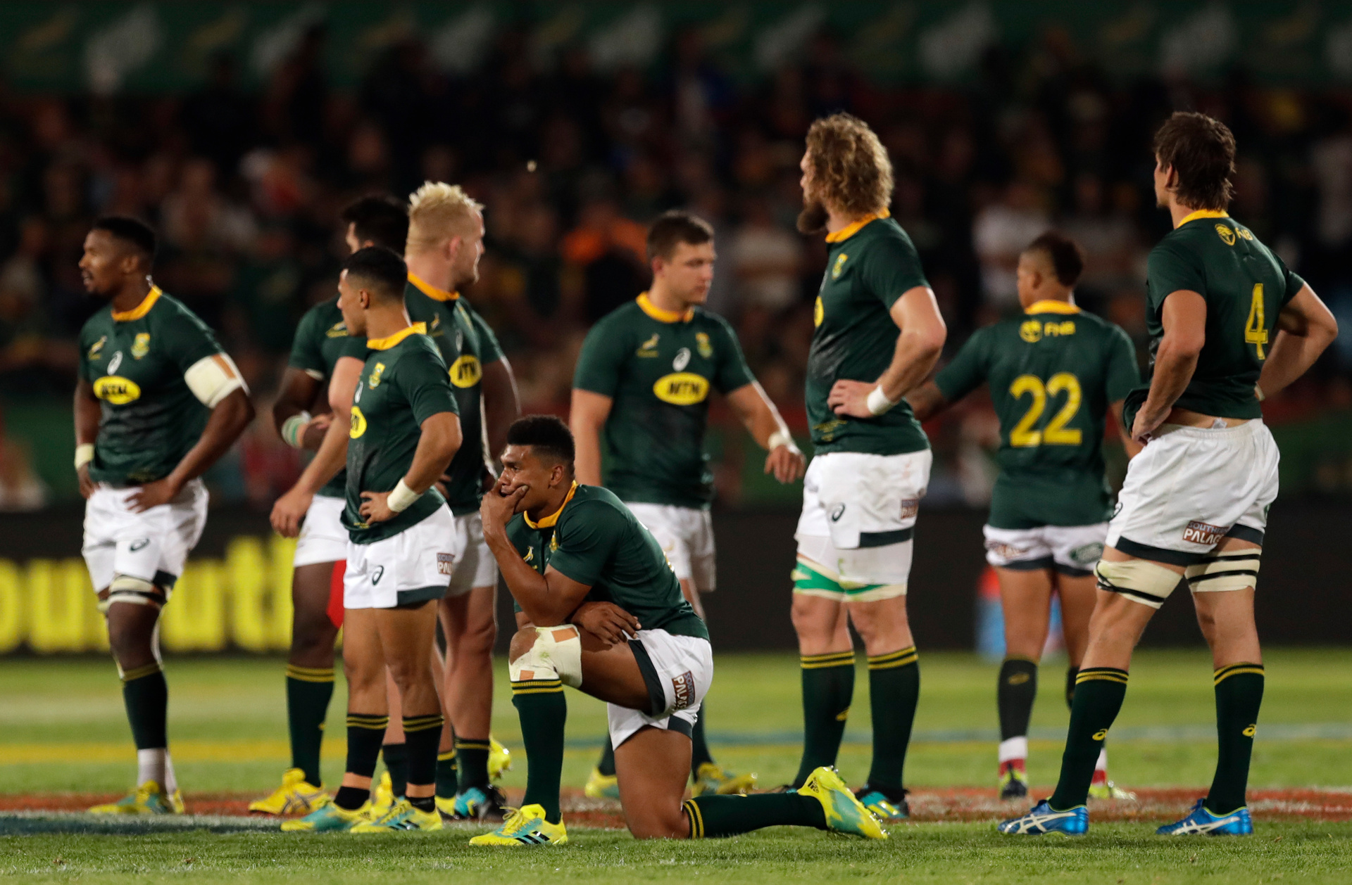 Dejected South Africa's players look on at the end of the Rugby Championship match between South Africa and New Zealand at Loftus Versfeld stadium in Pretoria. Photo / AP