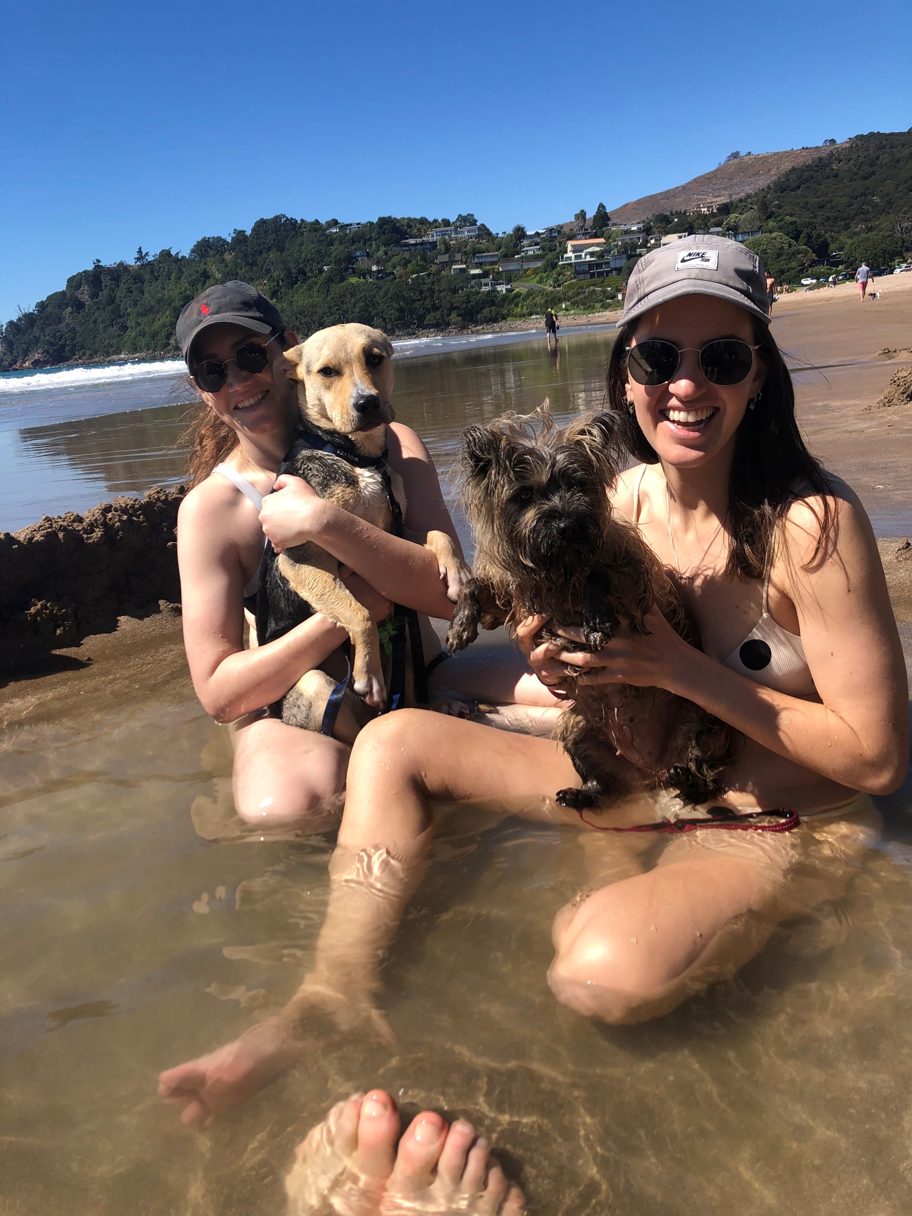 Bree Tomasel and Sophia Gould with their dogs Meryl Streep and Whitney Houston. Photo / Supplied

