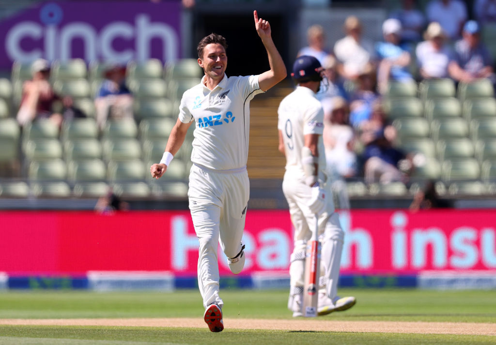 Trent Boult celebrates his wicket with the first ball of the day. Photo / Getty