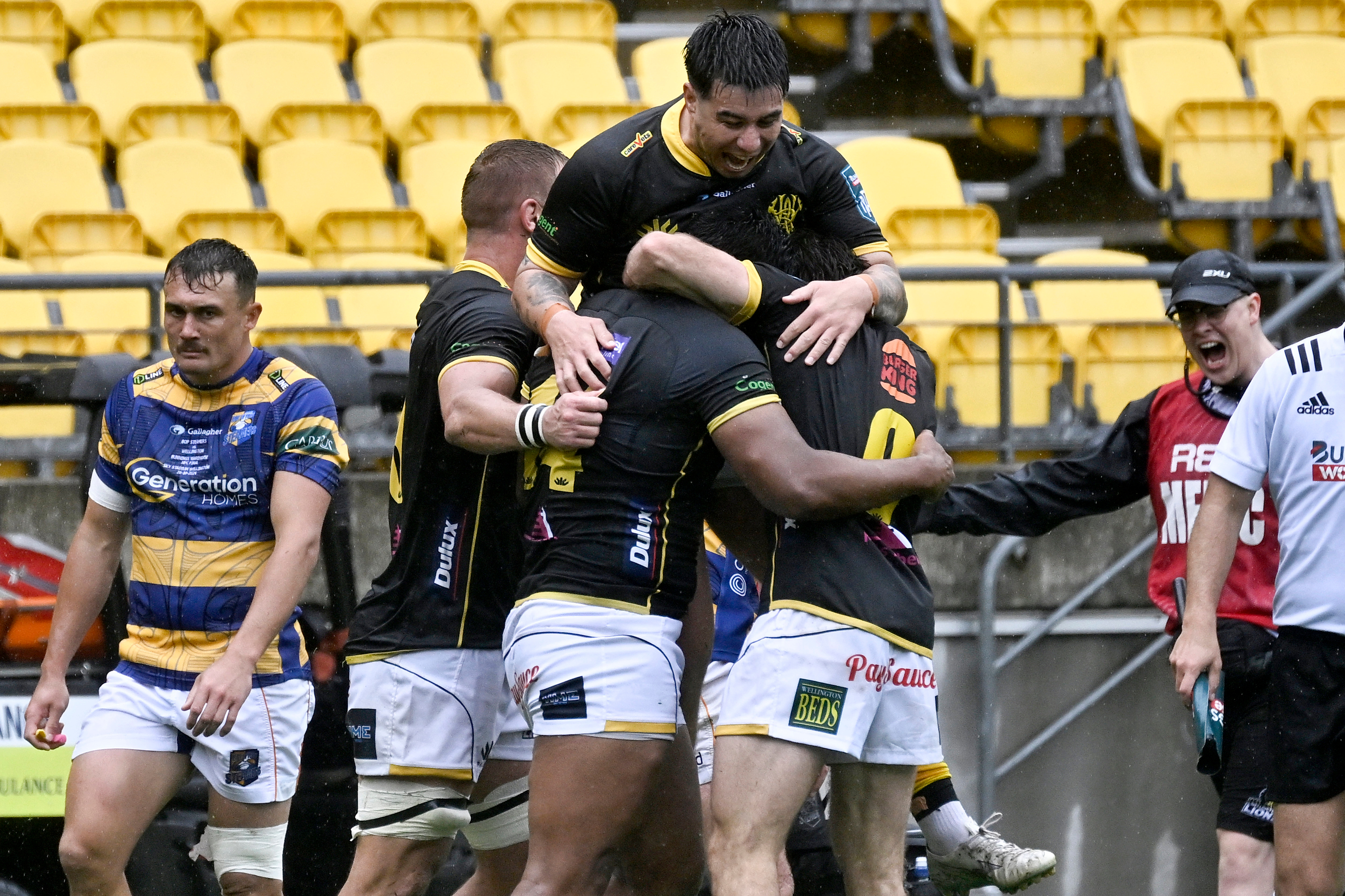Wellington celebrate a try for Julian Savea during the NPC Final. Photo / Photosport