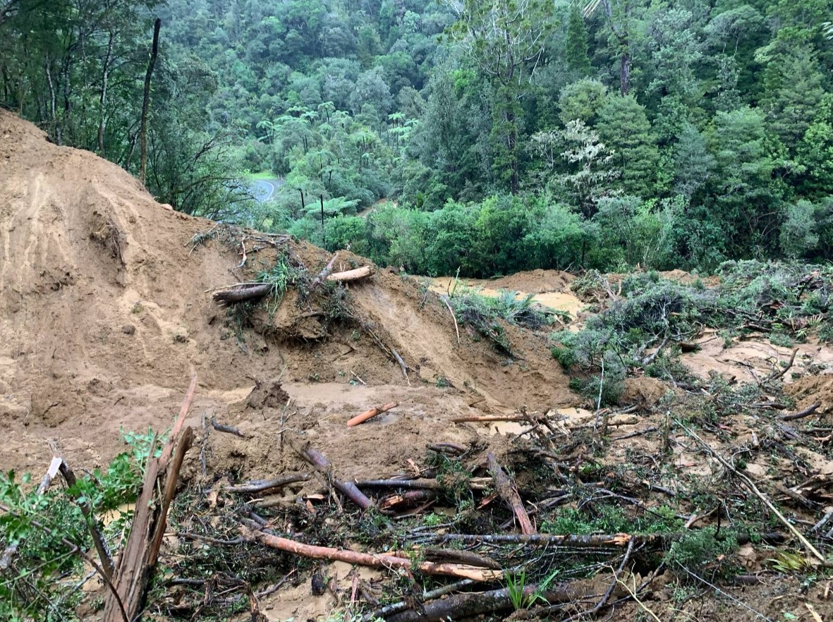 One of 26 slips that hit Mangamuka Gorge in August 2022. The highway can be seen at the top left. Photo / Waka Kotahi