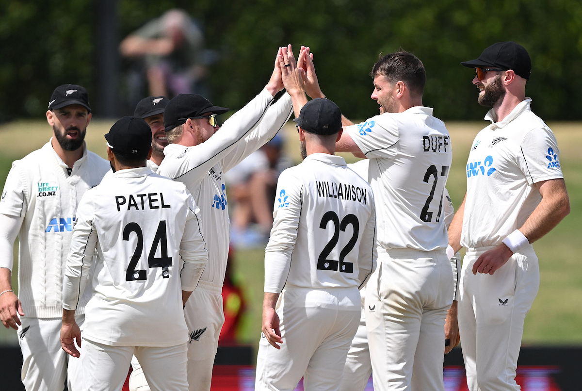Jacob Duffy celebrates a wicket on day four of the third test between the Black Caps and West Indies. Photo / Photosport