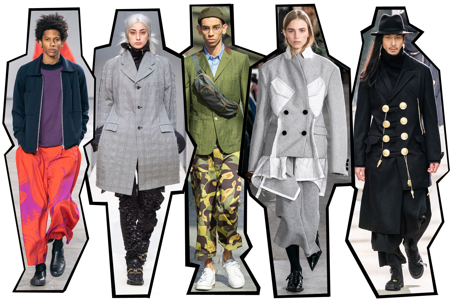 (From left) Issey Miyake fall 2019; Comme des Garcons fall 2019; Junya Watanabe fall 2019; Sacai fall 2019; Yohji Yamamoto fall 2019. Photos / Getty Images