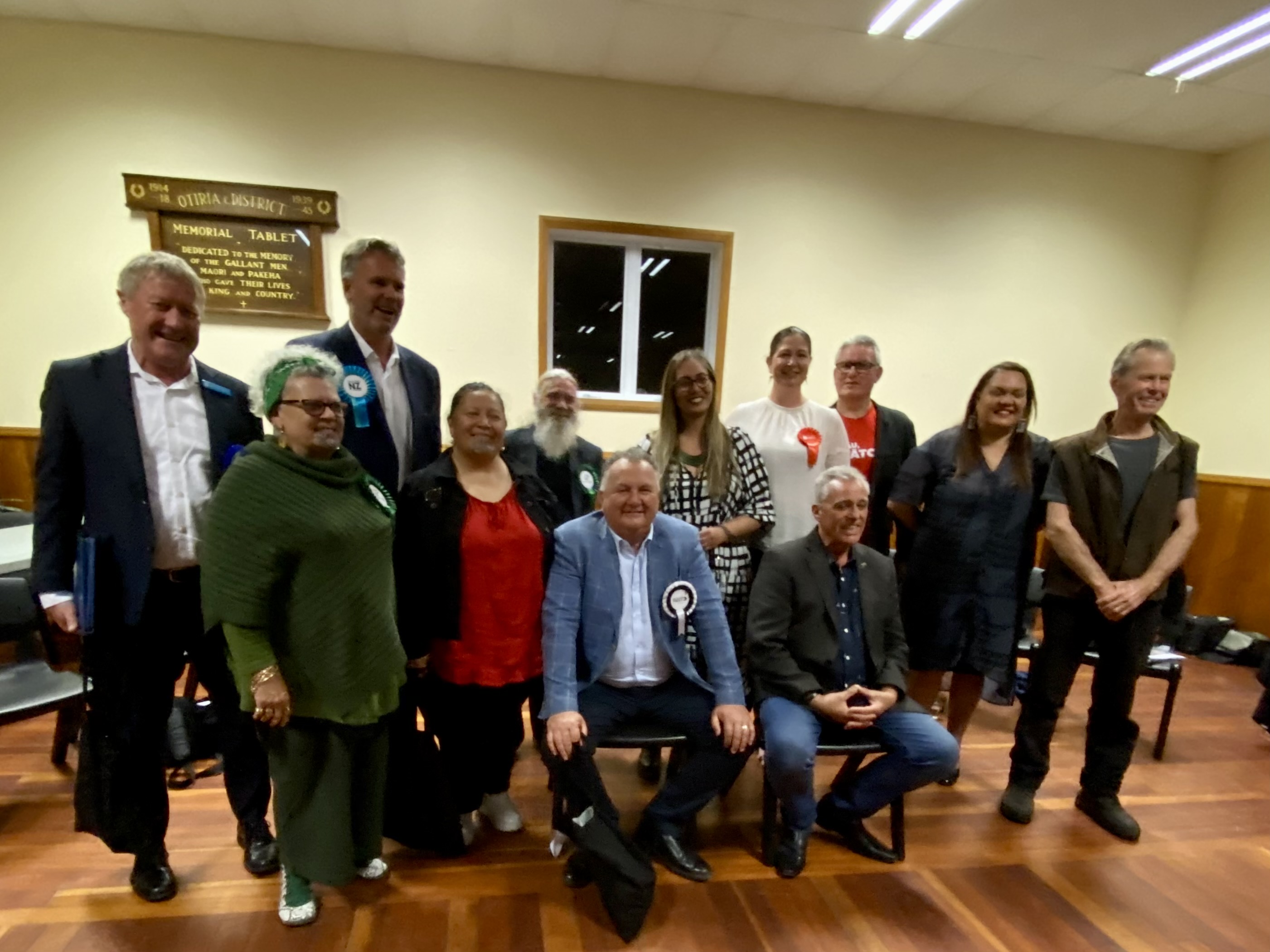The candidates pose for a team photo after the debate. From left, back row, is National's Grant McCallum, Democracy NZ's Matt King, Jeffrey Lye from Aotearoa Legalise Cannabis Party, Huhana Lyndon of the Green Party, Labour incumbent Northland MP Willow Jean Prime, Labour incumbent Te Tai Tokerau MP Kelvin Davis, Reina Tuai Penney of the Green Party, Mike Finlayson of the Northland Party. From left, front row, is Maki Herbet of the Aotearoa Legalise Cannabis Party, Mariameno Kapa-Kingi of Te Pāti Māori, NZ First's Shane Jones and NZ Loyal Party's Michael Feyen. Photo / David Fisher