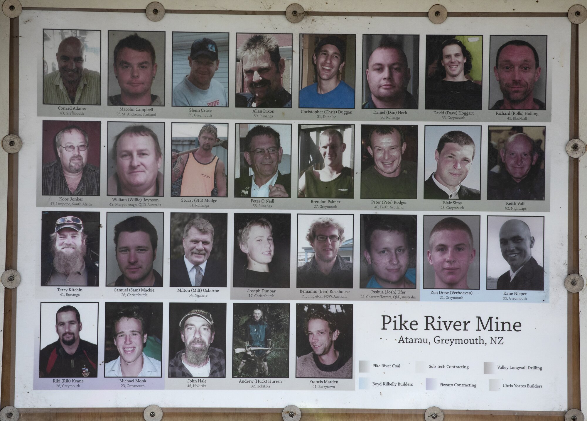 Photo board of the Pike River 29 - at the Pike River Memorial Garden on privately donated land at Atarau, 12km from Pike River. Photo / Brett Phibbs