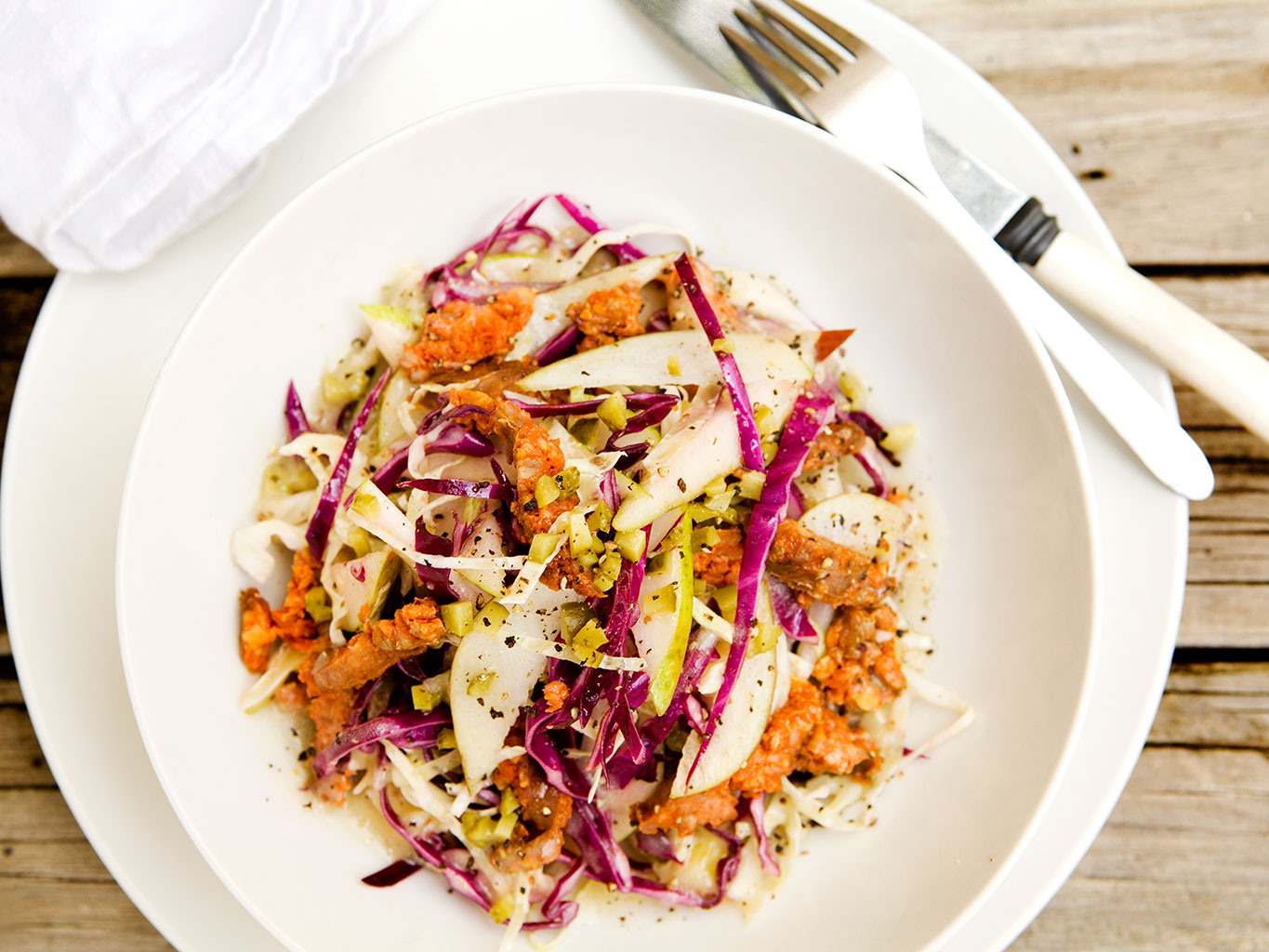 Cabbage salad with pear chorizo and mint. Picture / Babiche Martens