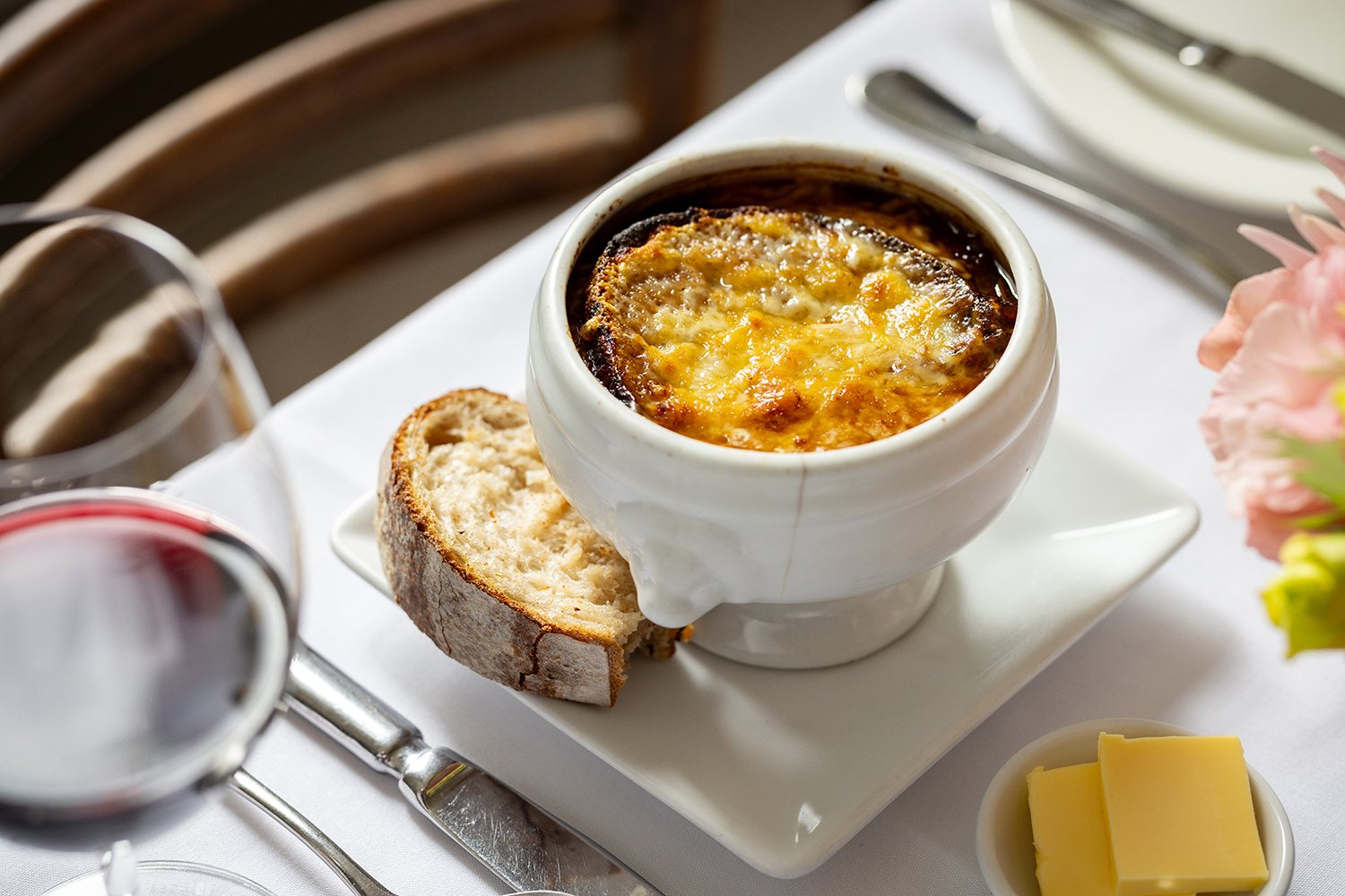 The French onion soup on the menu at Boulcott Street Bistro. Photo / Babiche Martens