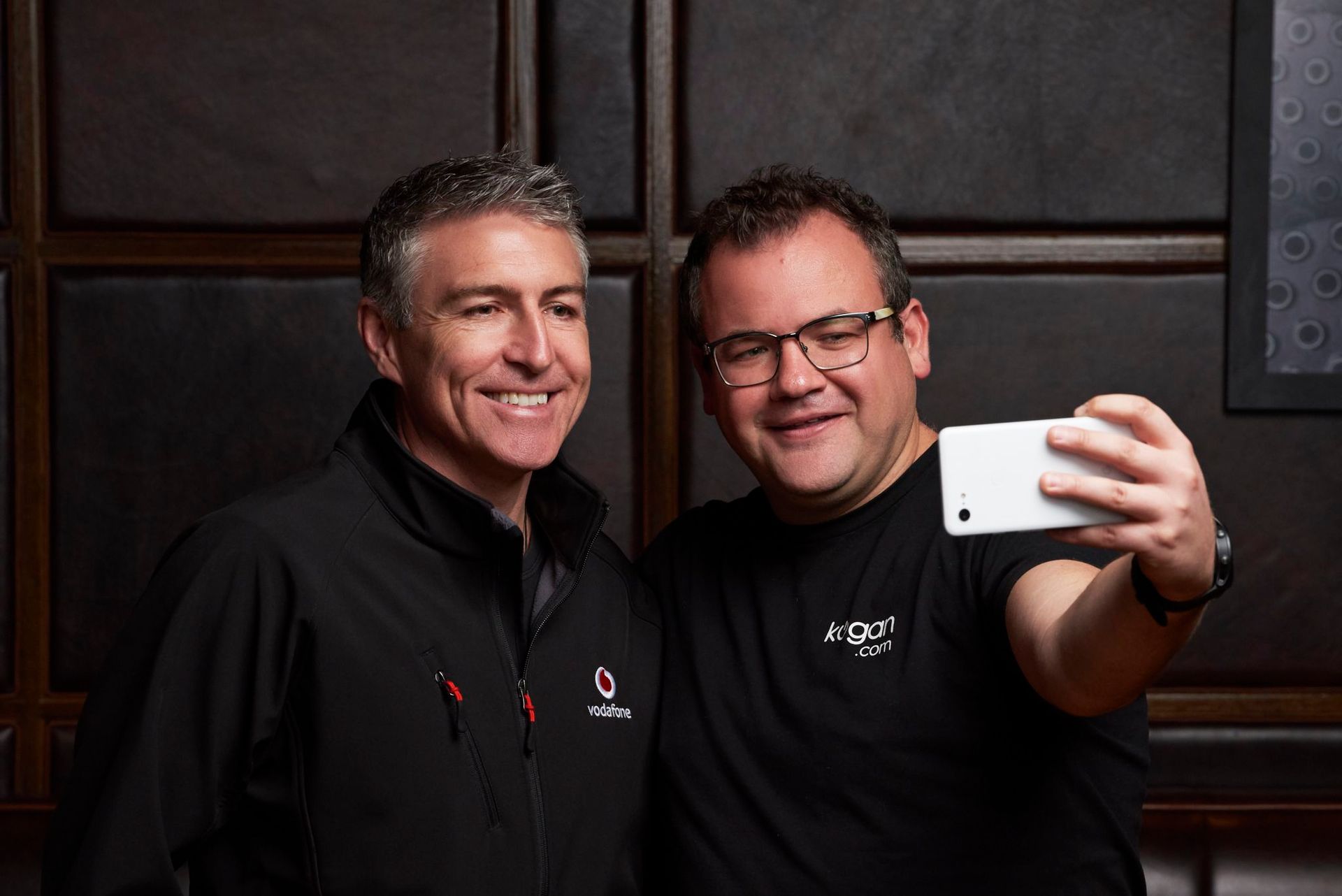 Kogan founder Ruslan Kogan (right) with Vodafone NZ CEO Jason Paris during a September 2019 Auckland event marking the launch of Kogan Mobile - which piggybacks on Vodafone NZ's network under a wholesale deal. Photo / Michael Craig