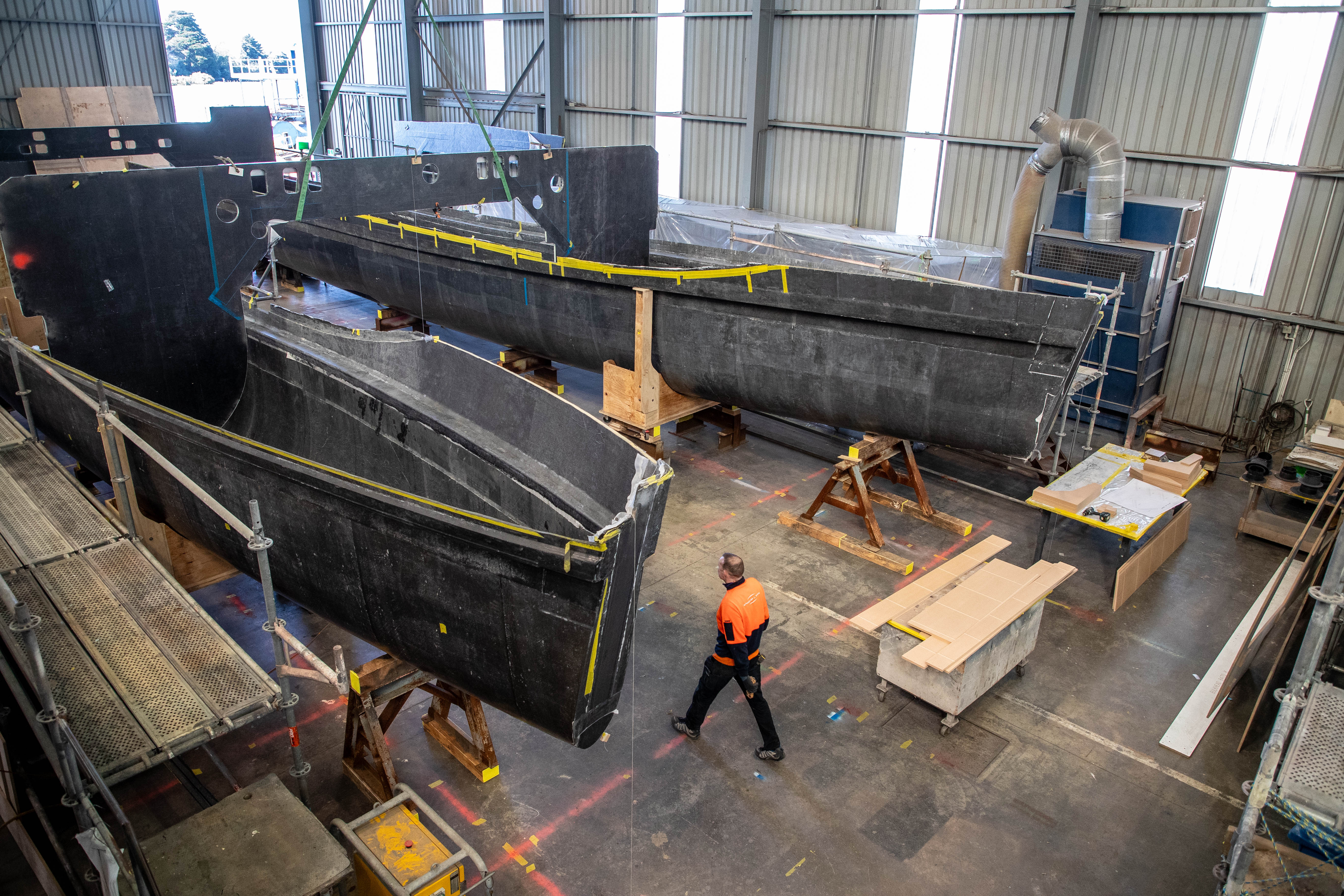 One of two electric ferries under construction at McMullen & Wing in East Tāmaki for Auckland Transport, pictured in August this year. The vessels are designed by EV Maritime. Photo / Michael Craig