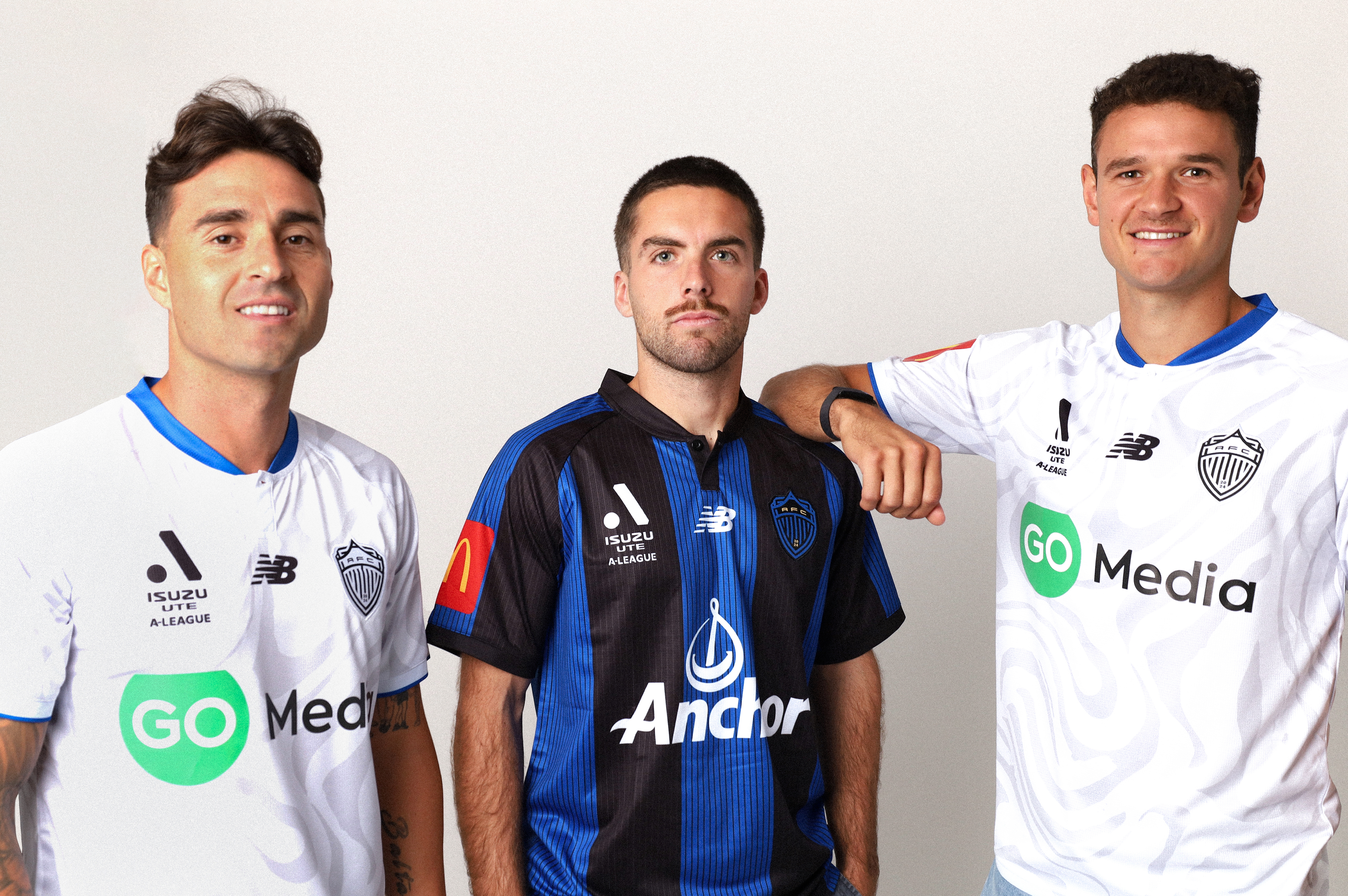 Caption: (Left to right) Luis Felipe Gallegos, Guillermo May and Louis Verstraete were unveiled as Auckland FC’s new signings, pictured in the club’s first away kit.