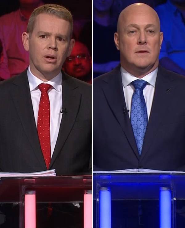 Labour leader Chris Hipkins and National leader Christopher Luxon in the second televised leaders' debate which aired on Three. Photo / Three