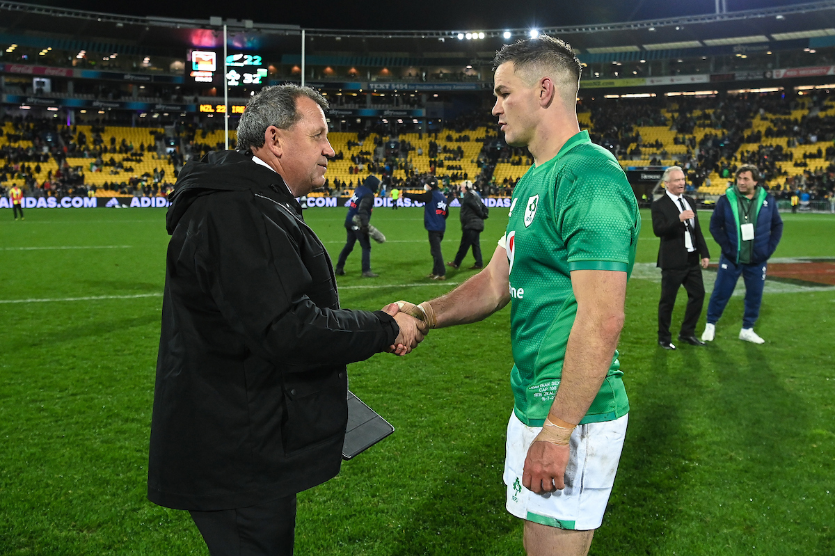 All Blacks coach Ian Foster (left) shakes hands with Ireland captain Johnny Sexton in the 2022 series. Photo / Photosport
