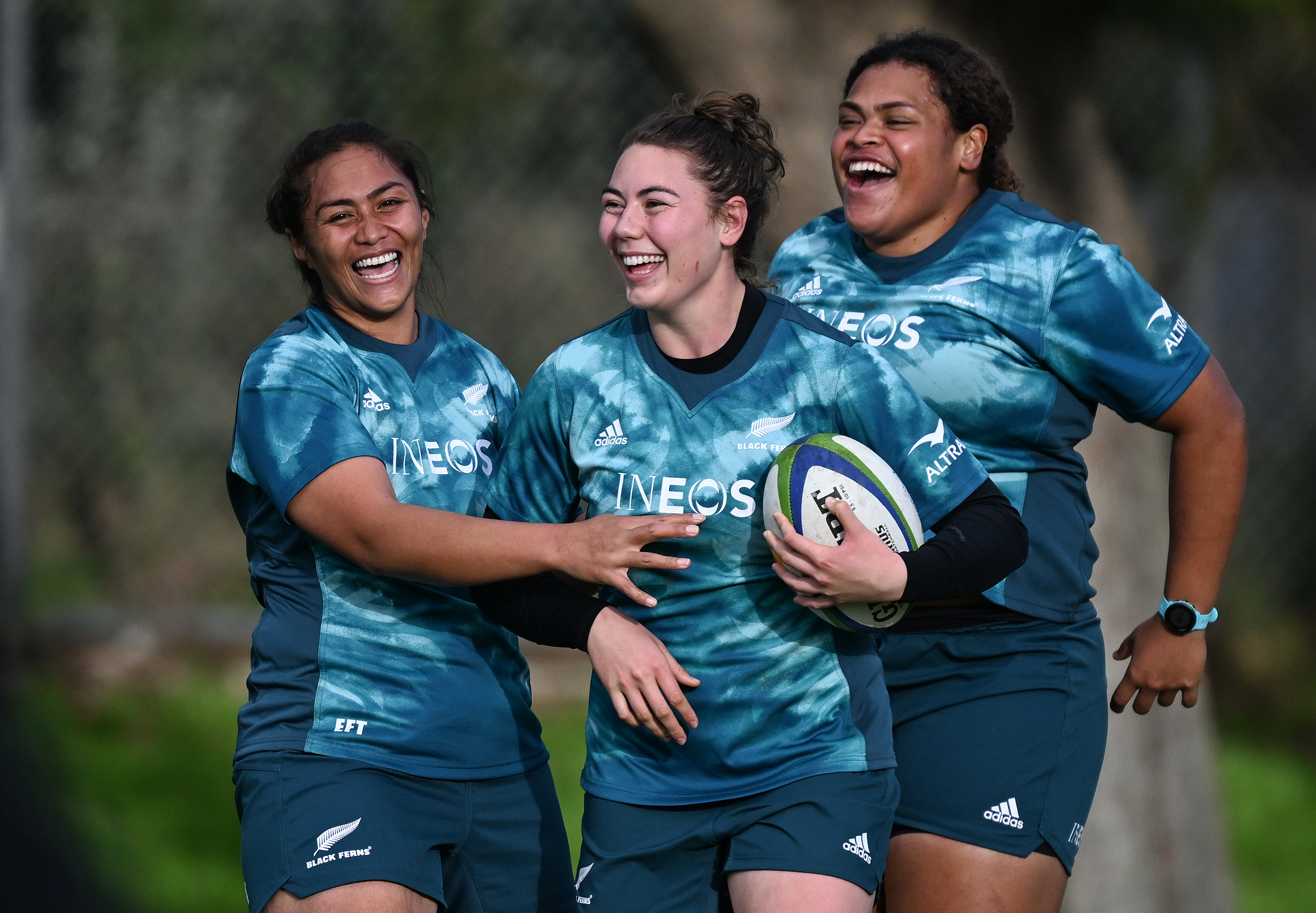 Black Ferns Esther Faiaoga-Tilo, Maiakawanakaulani Roos and Tanya Kalounivale during a training session in Auckland. Photo / Photosport