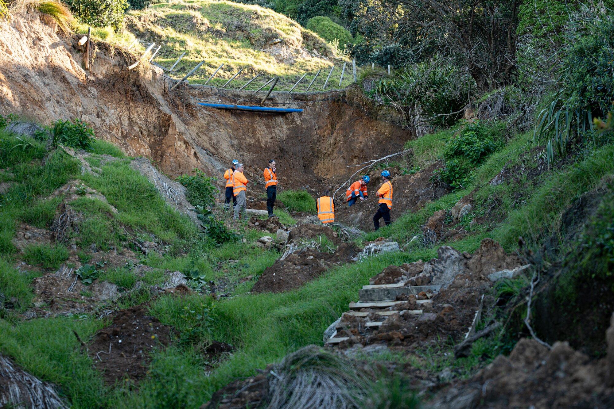 Geotechnical engineers assess Mauao's landslide damage. Photo / Alyse Wright