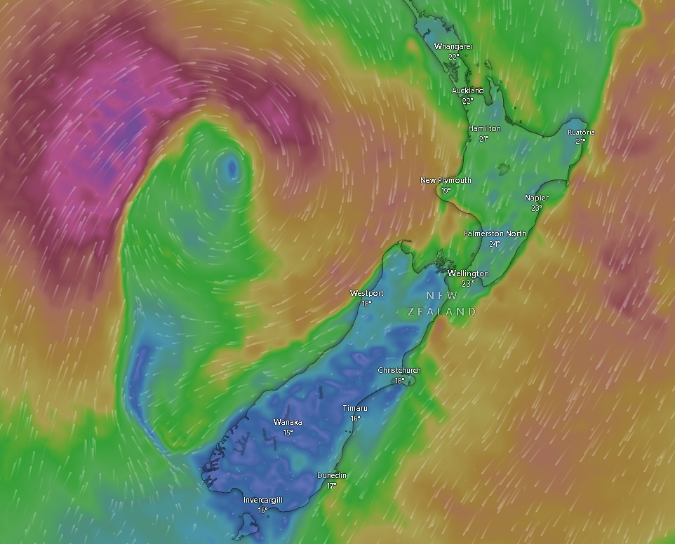 After severe rain and wind lashed New Zealand, Cyclone Tam continues to hang on this Easter weekend, directing unstable fronts and troughs on to the northern South Island. Image / Windy.com
