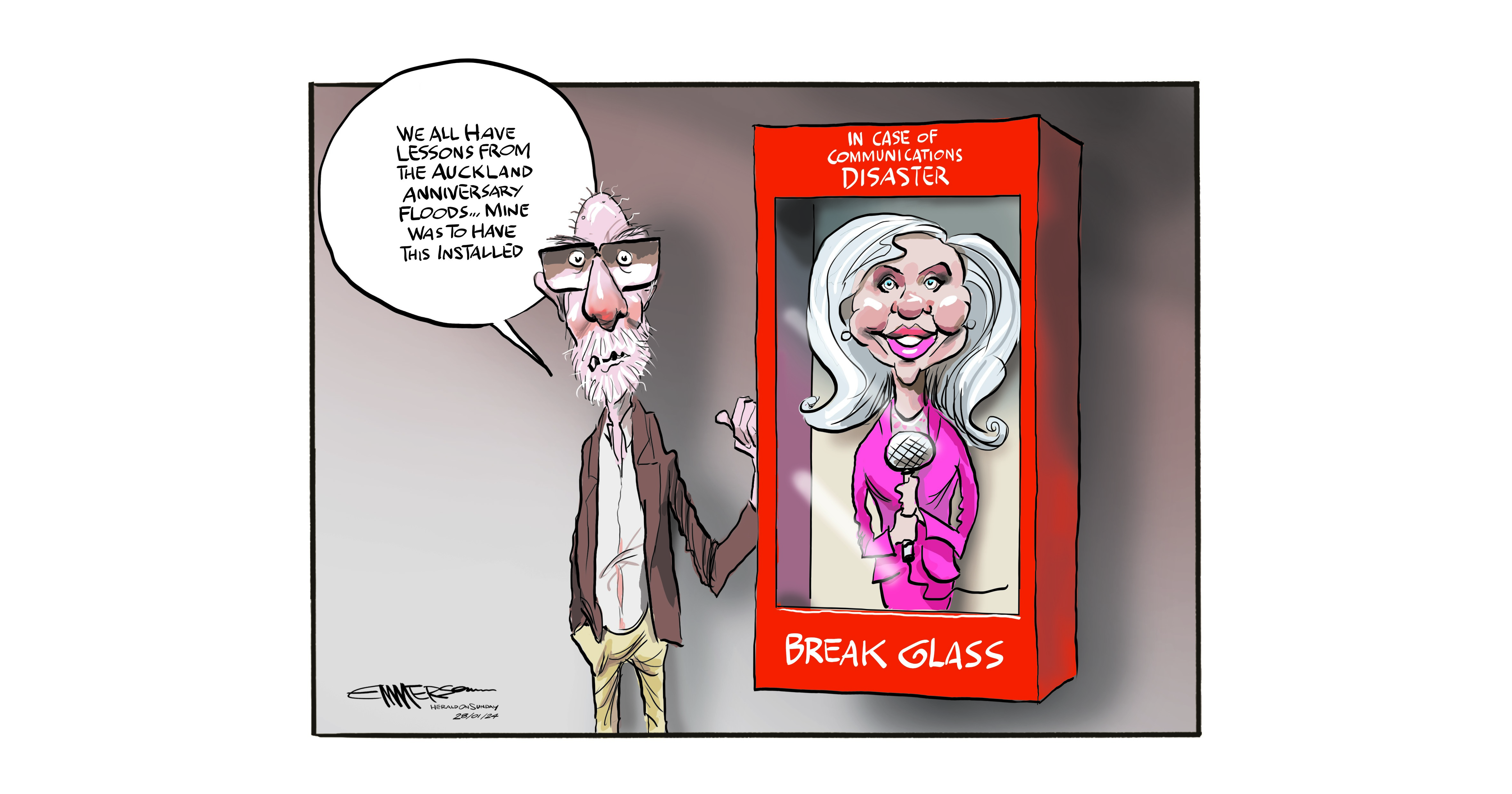 The Anniversary Weekend floods of 2023 were a communications disaster for Mayor Wayne Brown, but a triumph for his deputy, Desley Simpson. Illustration / Rod Emmerson 