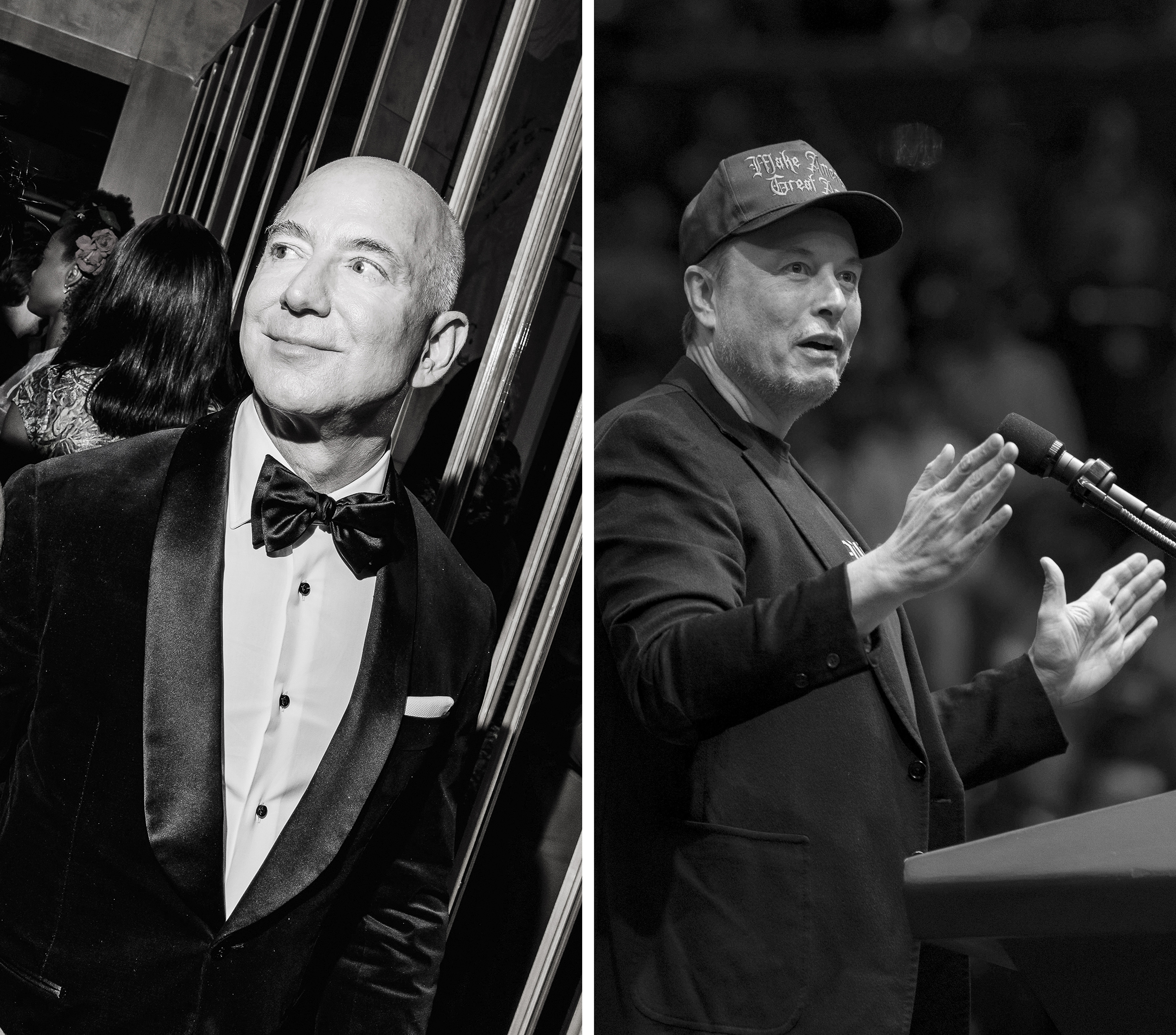 Jeff Bezos and Elon Musk have taken different approaches to the presidential election, with varying results. Photo / Nina Westervelt and Hiroko Masuike, The New York Times