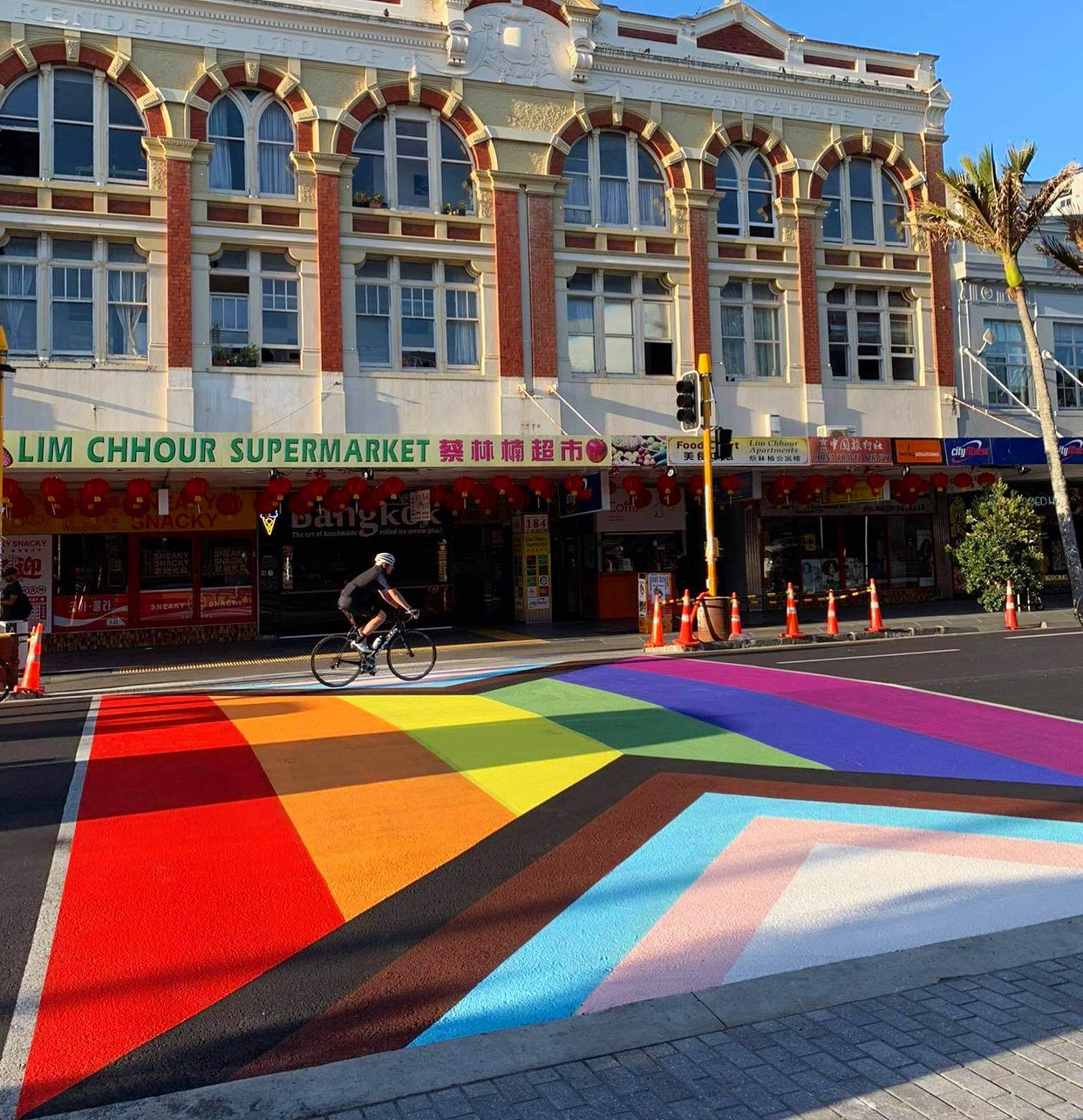 The rainbow crossing in happier days, completed during the 2021 Auckland Pride Festival. Photo / John Nottage