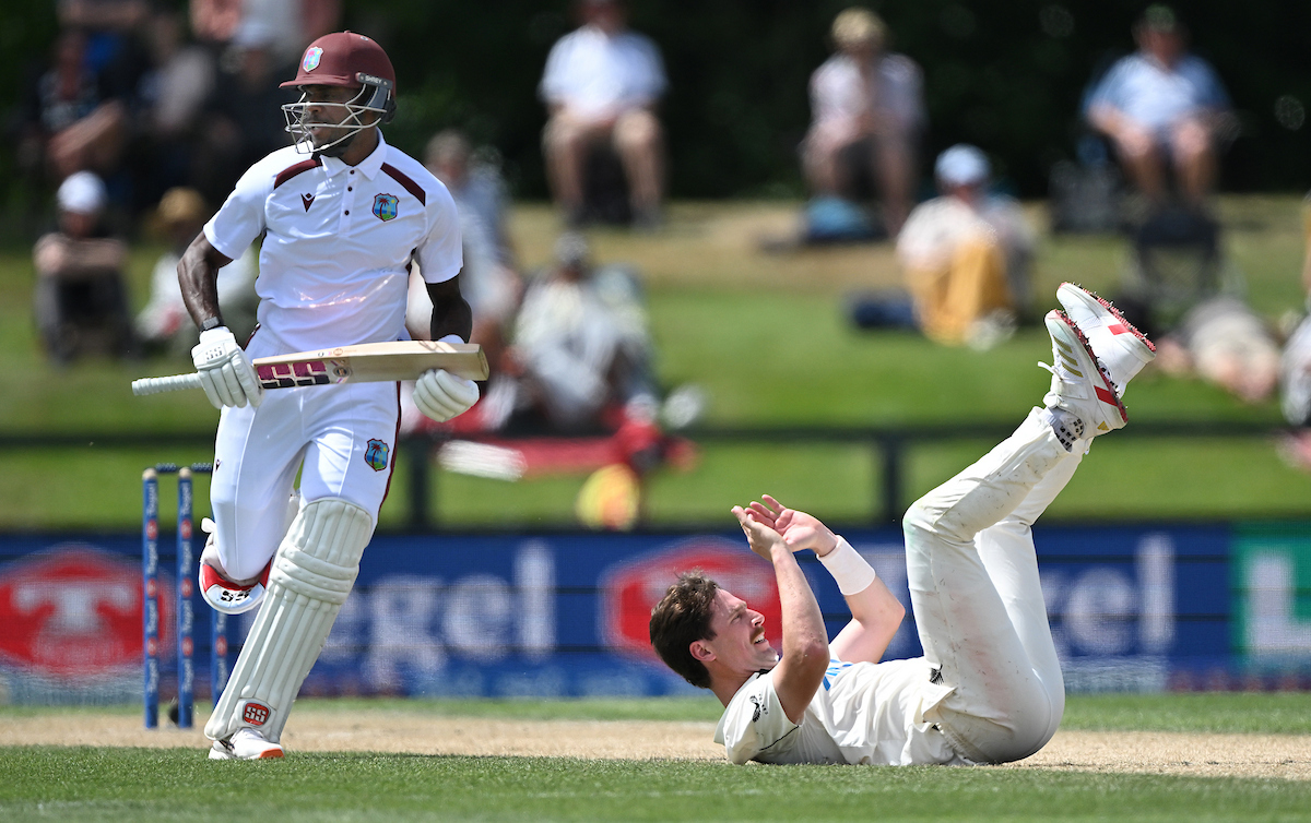 Matt Henry falls over while bowling for the Black Caps against the West Indies. Photo / Photosport