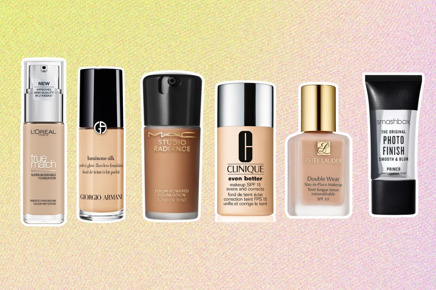 From left: L’Oreal Paris True Match Foundation; Giorgio Armani Luminous Silk Foundation; MAC Cosmetics Studio Radiance Serum Powered Foundation; Clinique Even Better Makeup; Estee Lauder Double Wear Stay-in-Place Foundation: Smashbox The Original Photo Finish Smooth & Blur Oil-Free Primer.