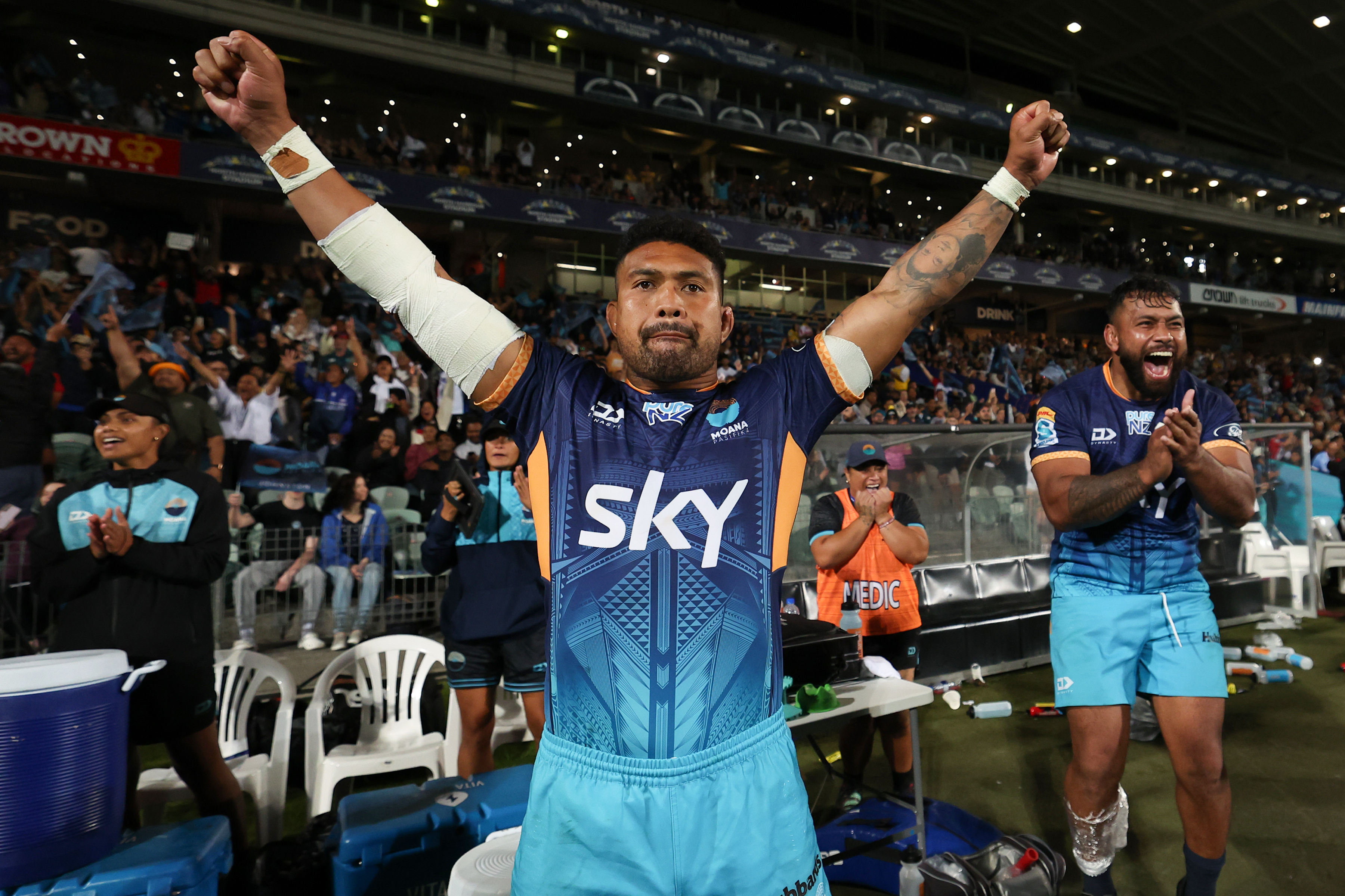 Ardie Savea celebrates during Moana Pasifika's win. Photo / Photosport