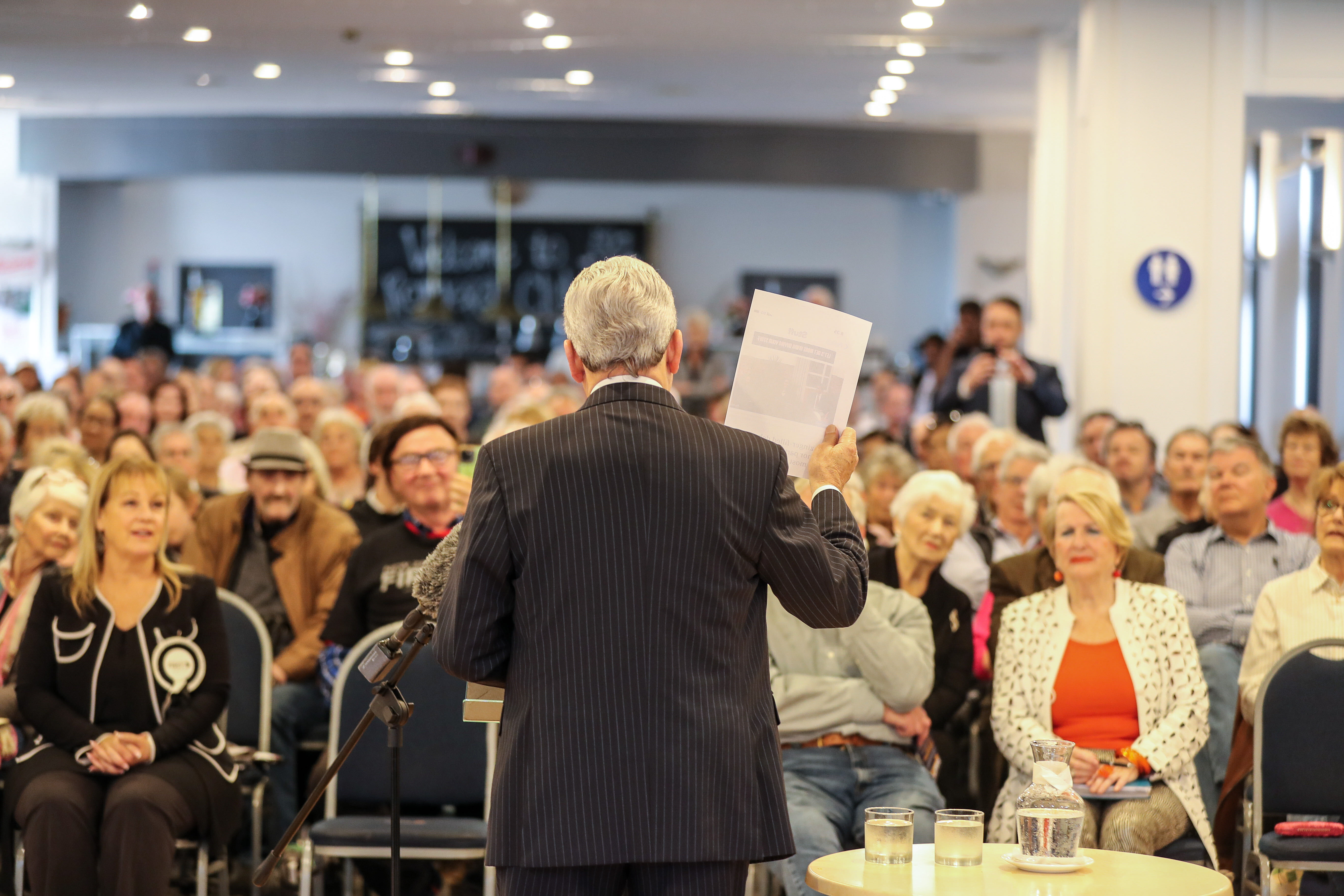 NZ First leader Winston Peters speaks at a public meeting at the Remuera Club in Auckland. Photo / Michael Craig