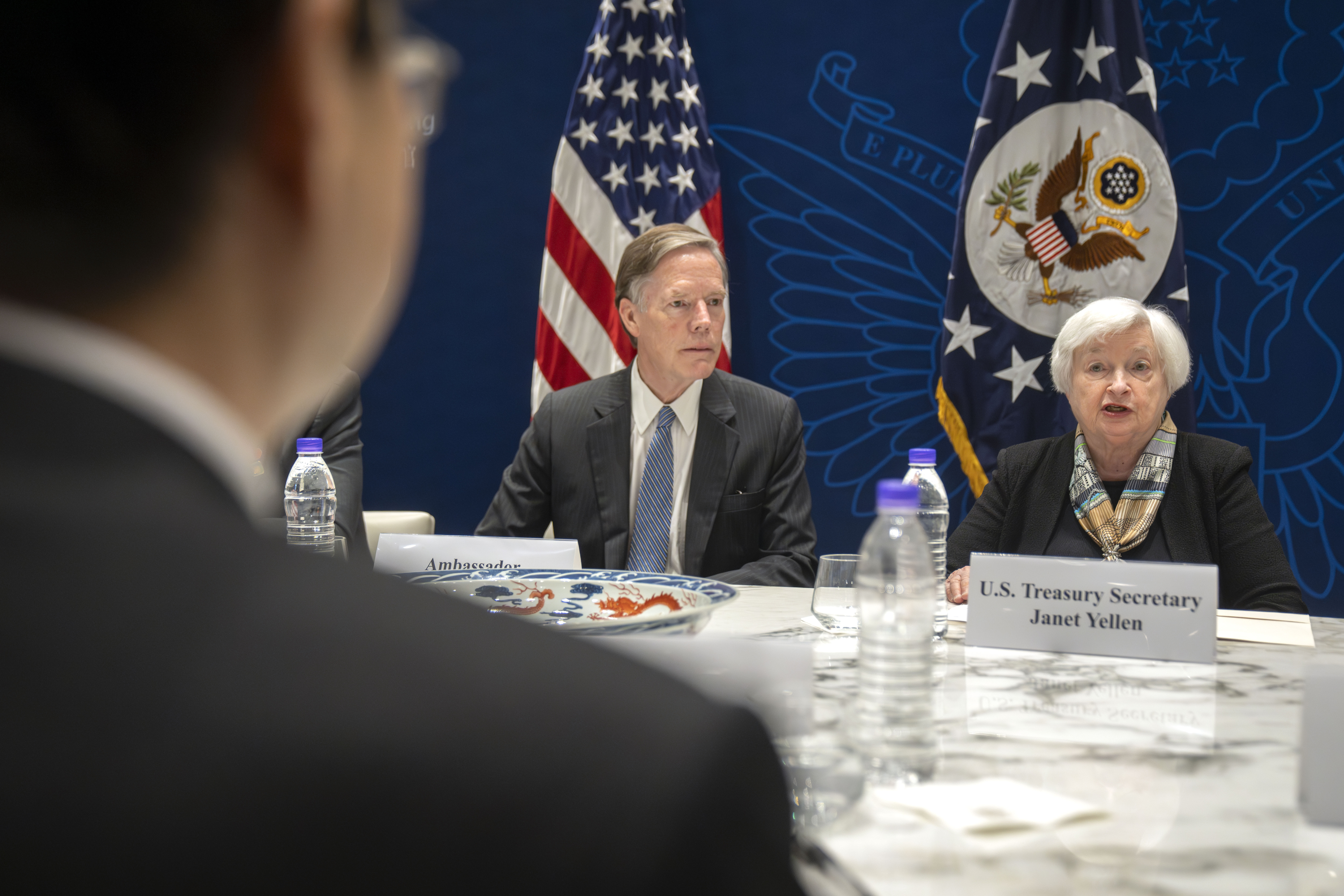US Ambassador to China Nicholas Burns, left, listens as Treasury Secretary Janet Yellen speaks at a climate finance roundtable discussion at the US Embassy in Beijing. Photo / AP