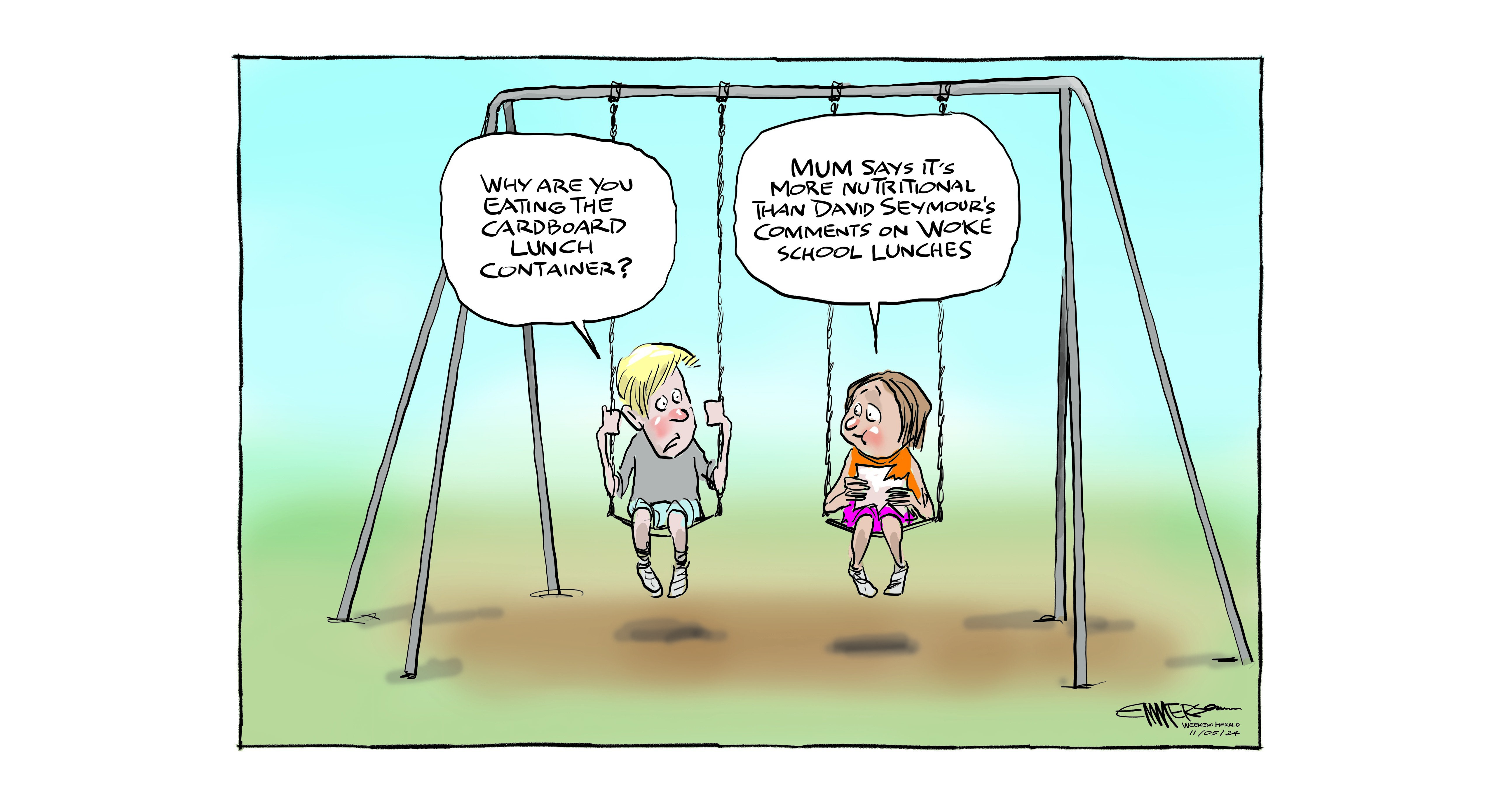 No room for woke foods like sushi on Act leader David Seymour's new school lunch menu. Cartoon / Rod Emmerson 