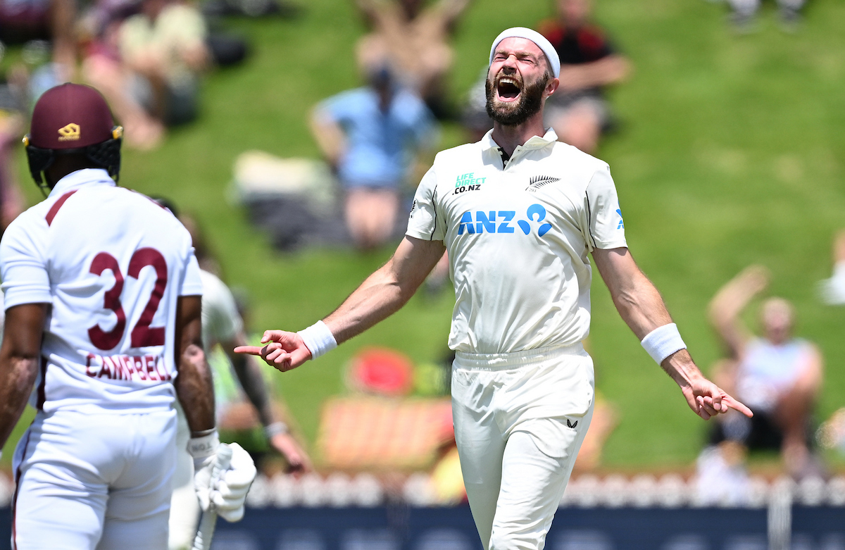 Michael Rae celebrates his first test wicket for the Black Caps, in the New Zealand side's match against the West Indies in Wellington. Photo / Photosport